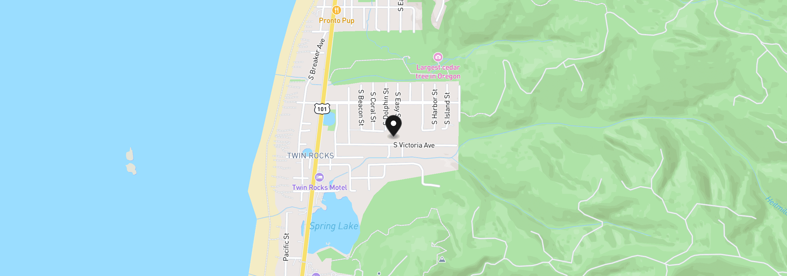 Map showing the location of 8530 Victoria St, Rockaway Beach, OR 97136