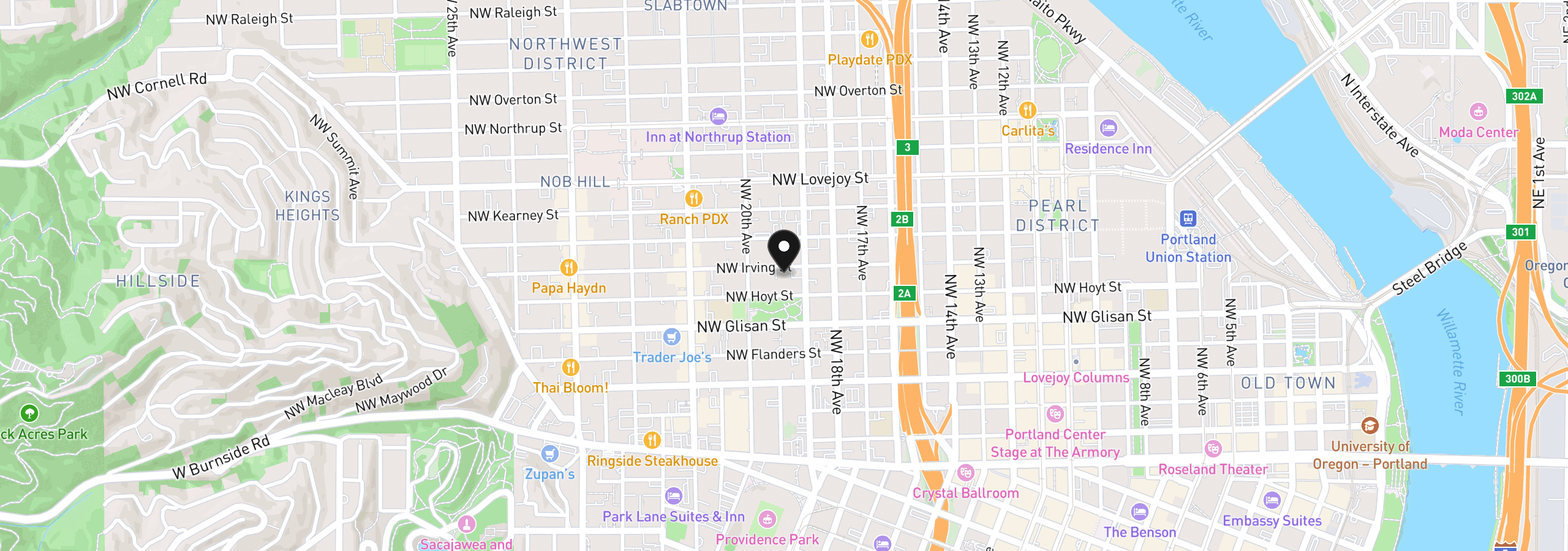 Map showing the location of 1930 NW Irving St 603, Portland, OR 97209