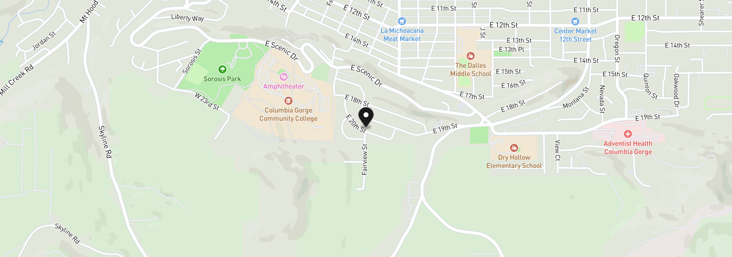Map showing the location of 727 E 20th St, The Dalles, OR 97058