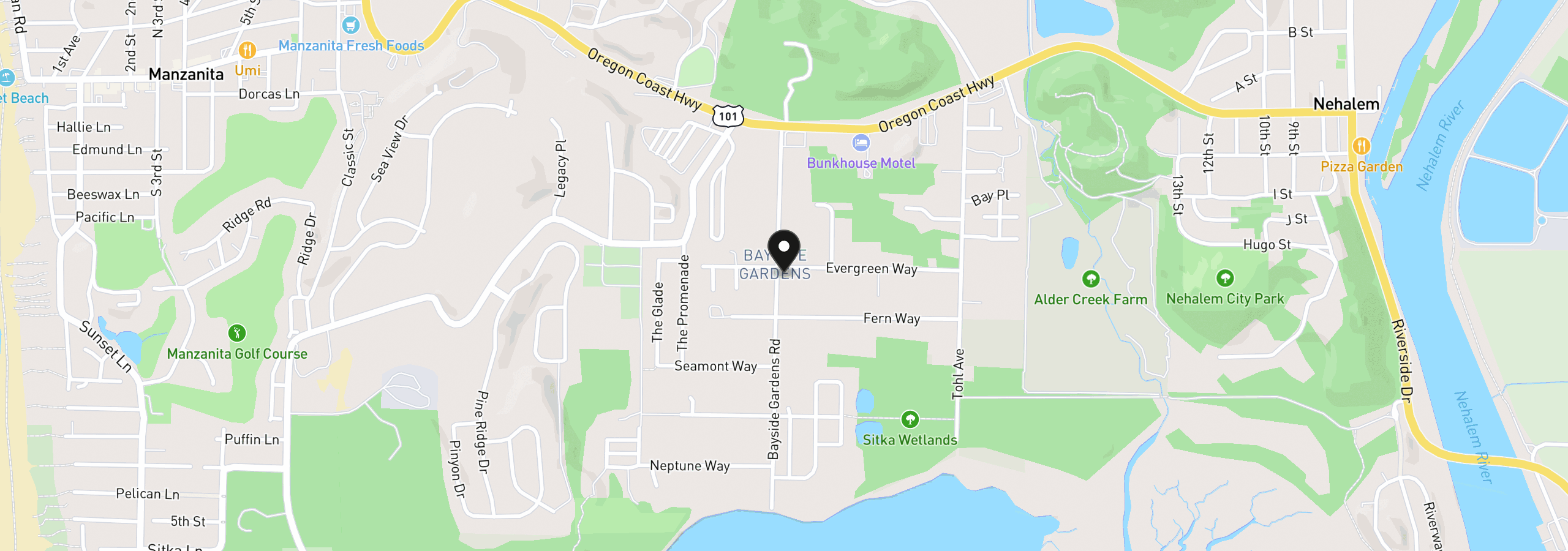 Map showing the location of 11205 Evergreen Way, Nehalem, OR 97131