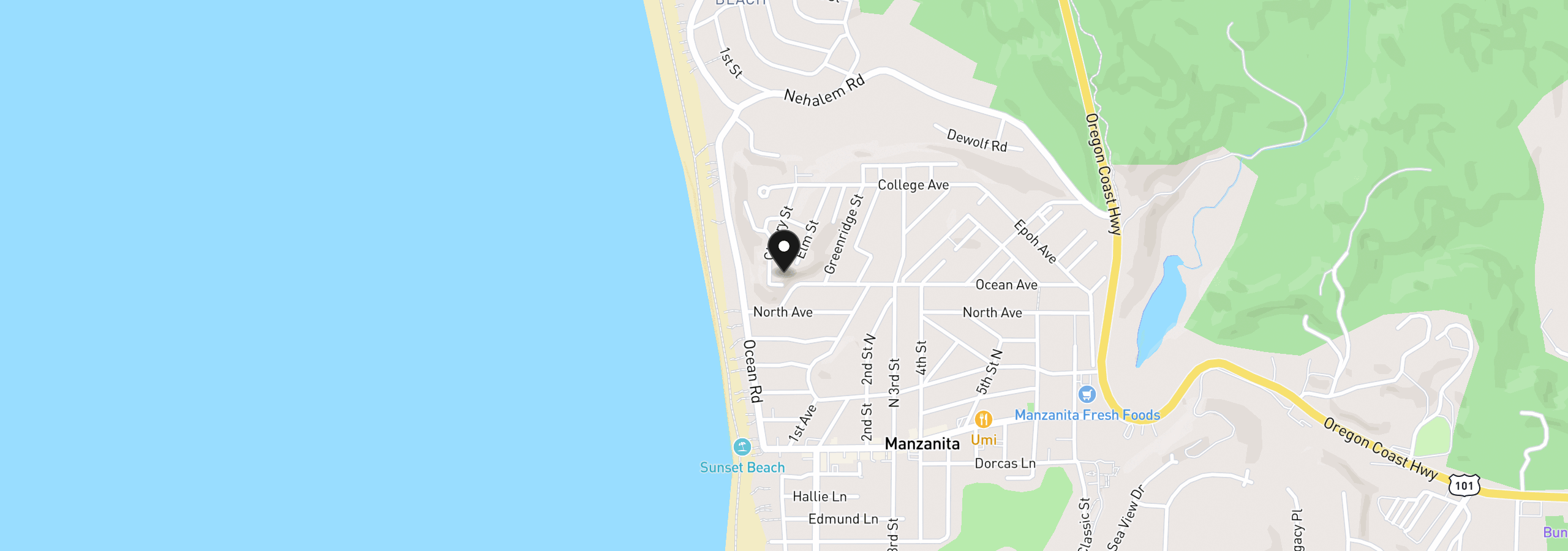 Map showing the location of 45 Ocean Ave, Manzanita, OR 97130