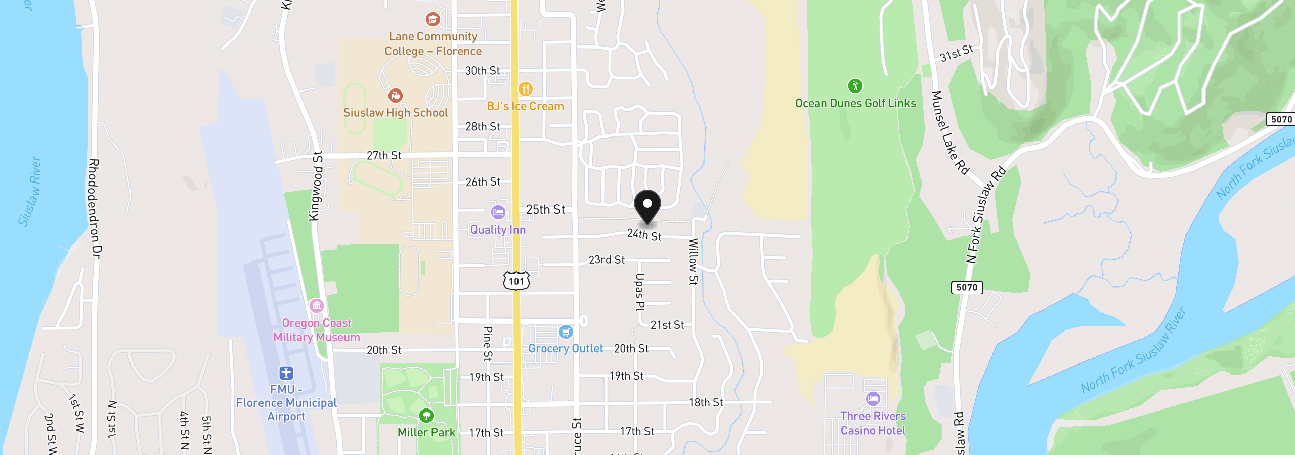Map showing the location of 2265 24th St, Florence, OR 97439