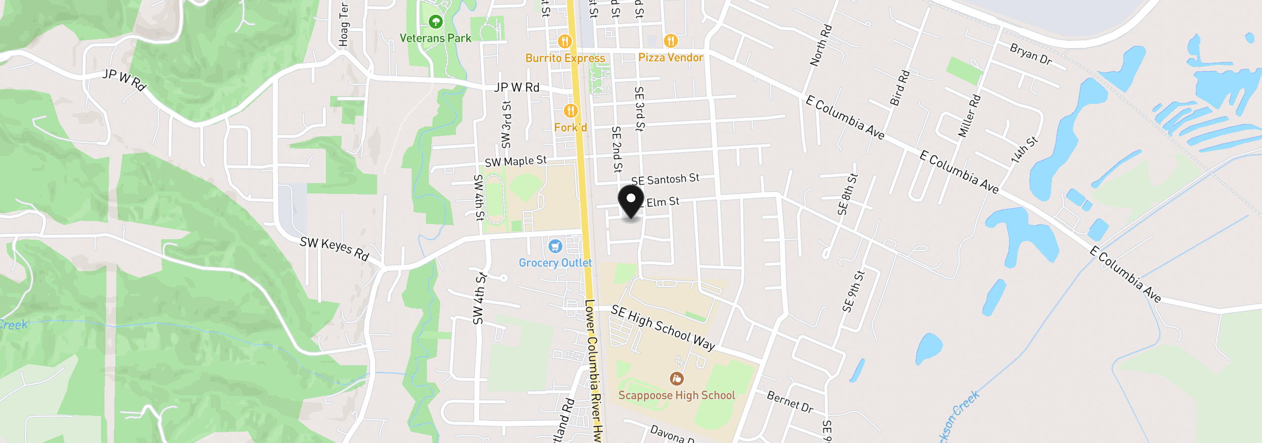 Map showing the location of 33590 SE Dill Pl, Scappoose, OR 97056