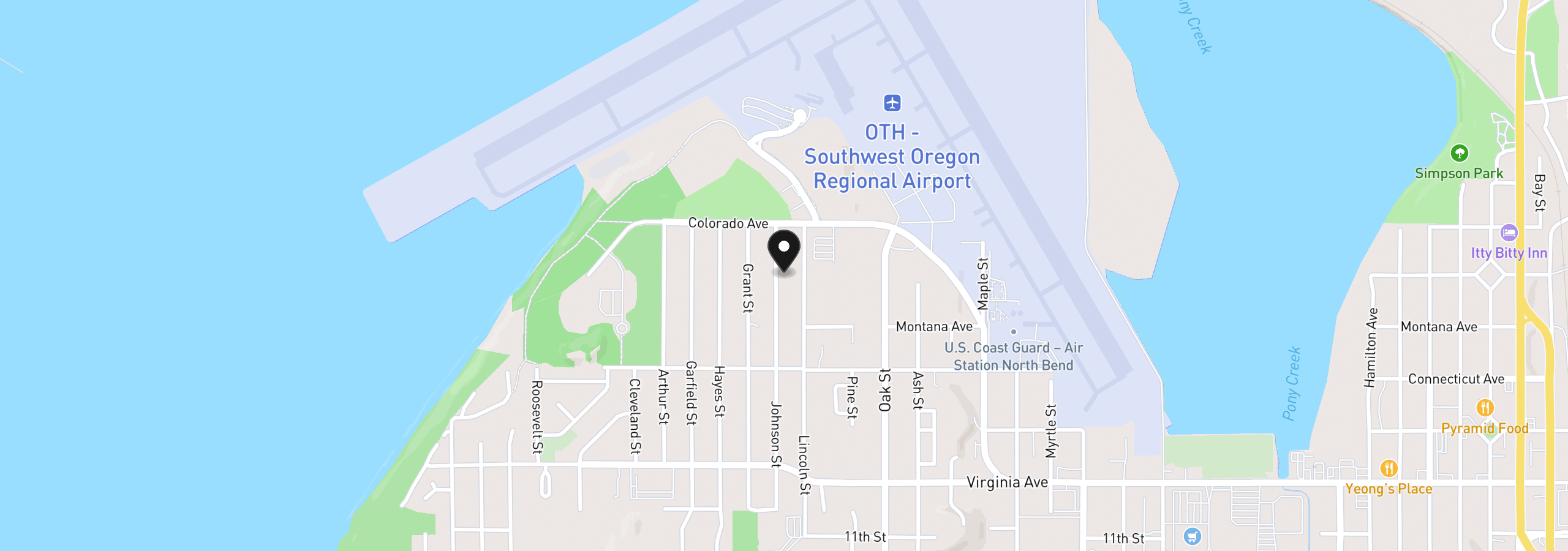 Map showing the location of 1615 Johnson St, North Bend, OR 97459