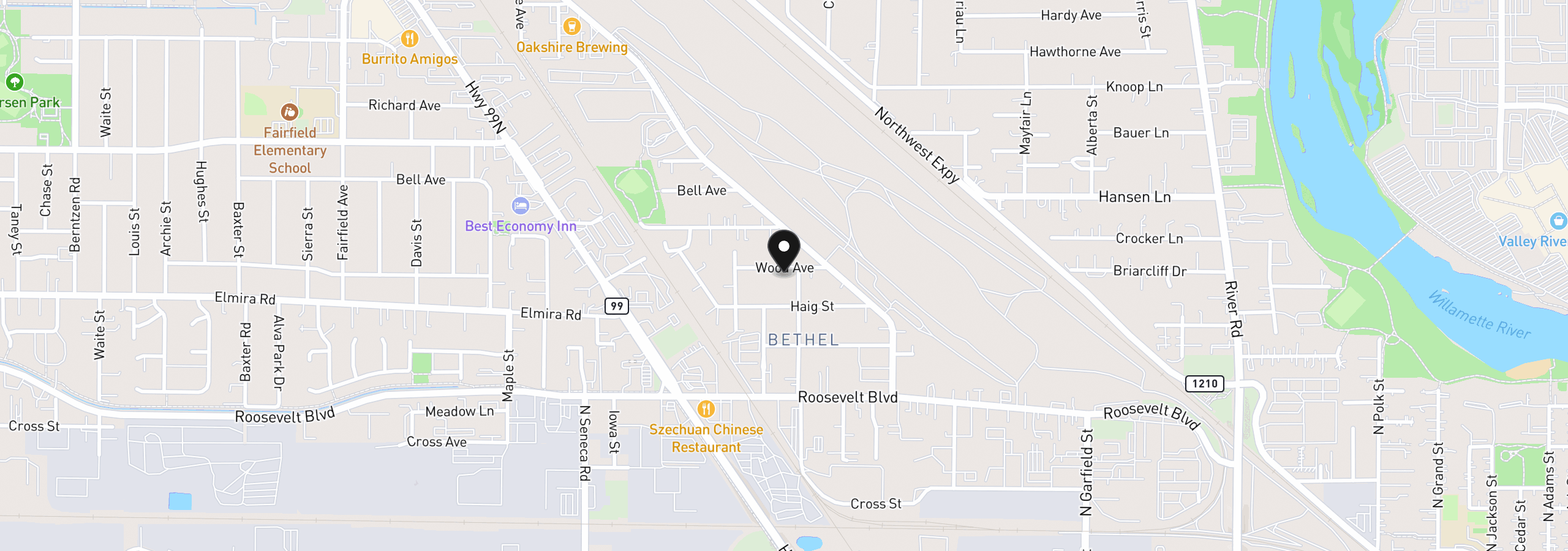 Map showing the location of 2520 Wood Ave, Eugene, OR 97402