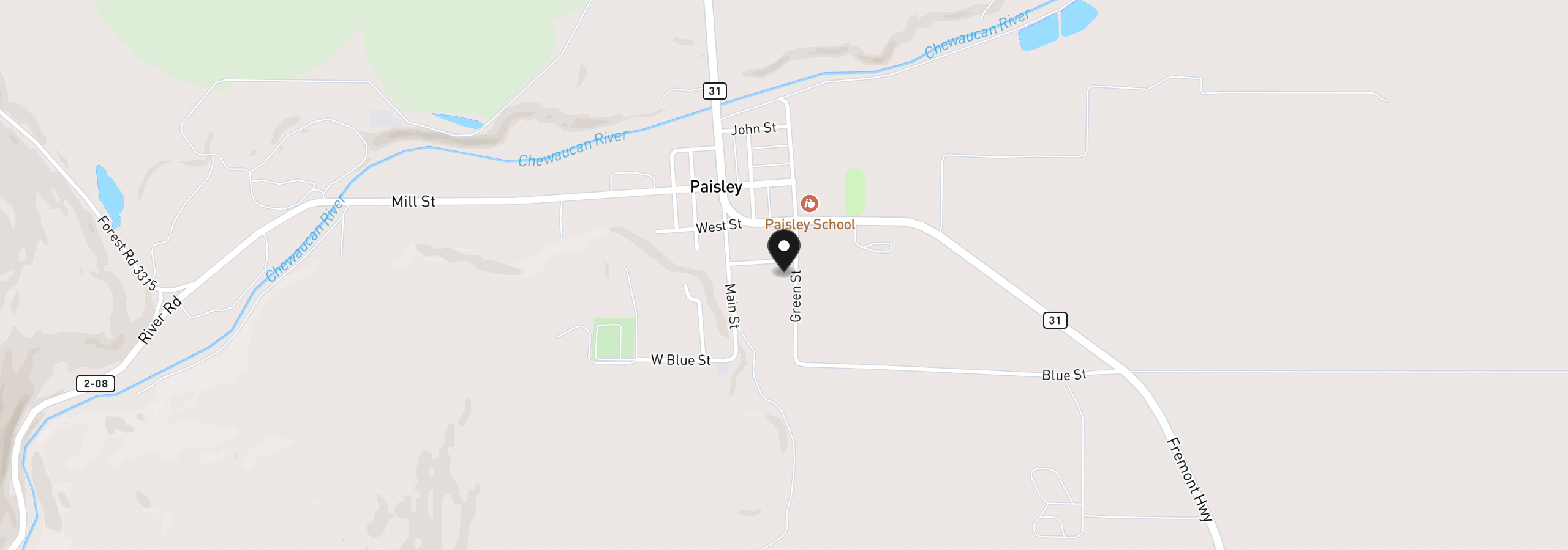 Map showing the location of 145 Green St, Paisley, OR 97636