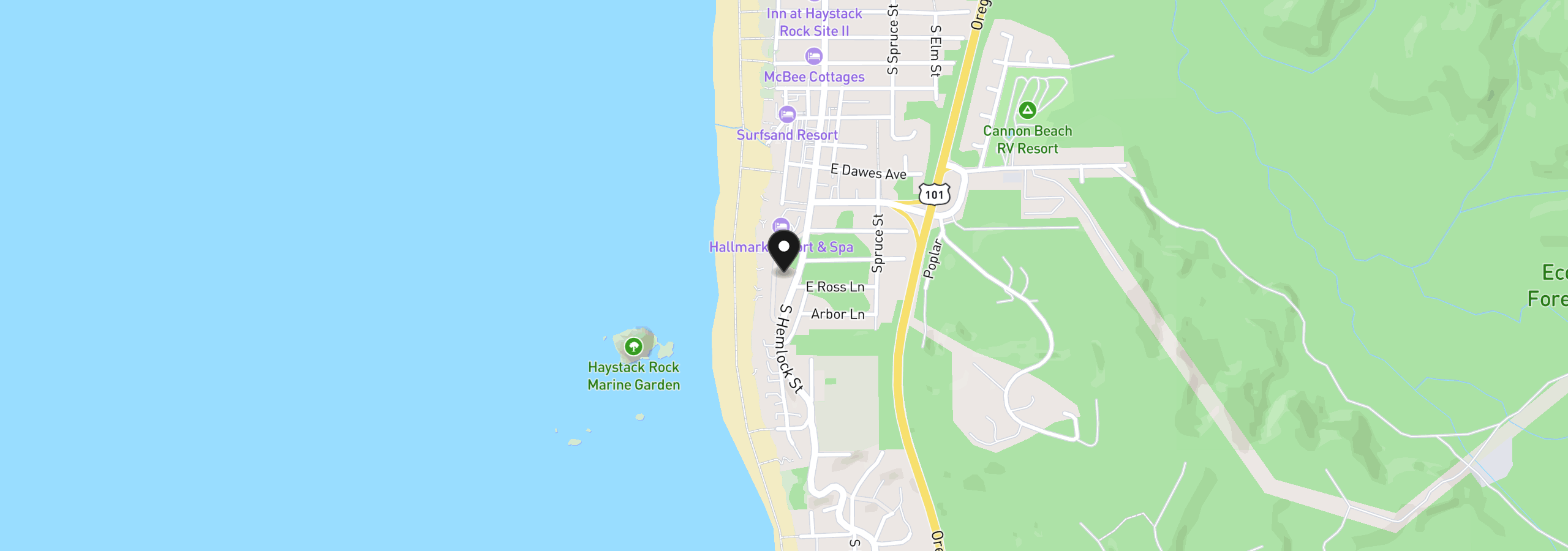 Map showing the location of 1625 Forest Lawn Rd, Cannon Beach, OR 97110