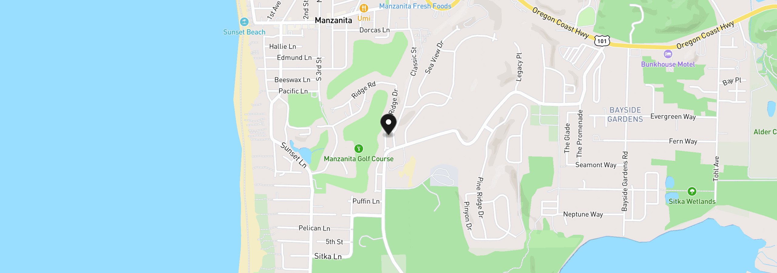 Map showing the location of 601 Mulligan Dr, Manzanita, OR 97130