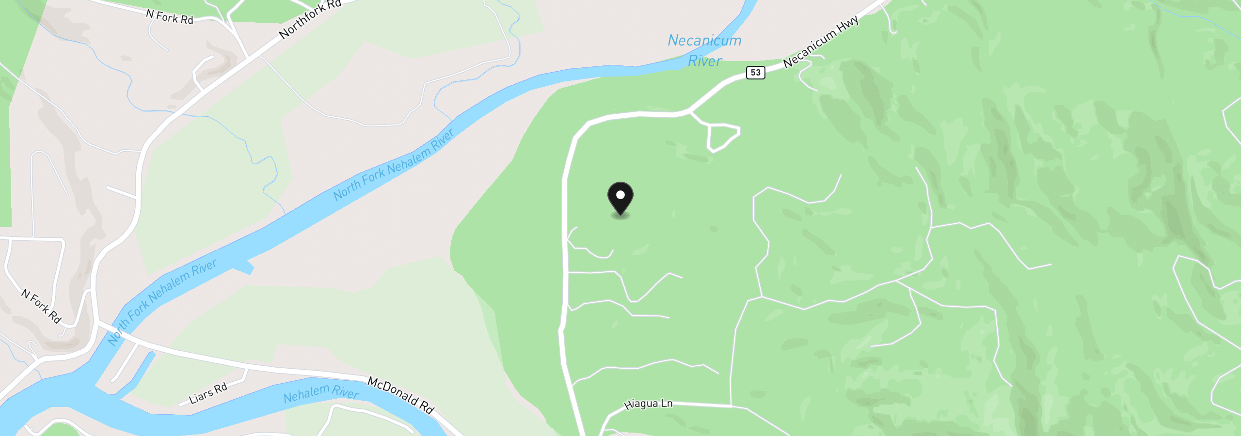 Map showing the location of Hwy 53, Nehalem, OR 97131