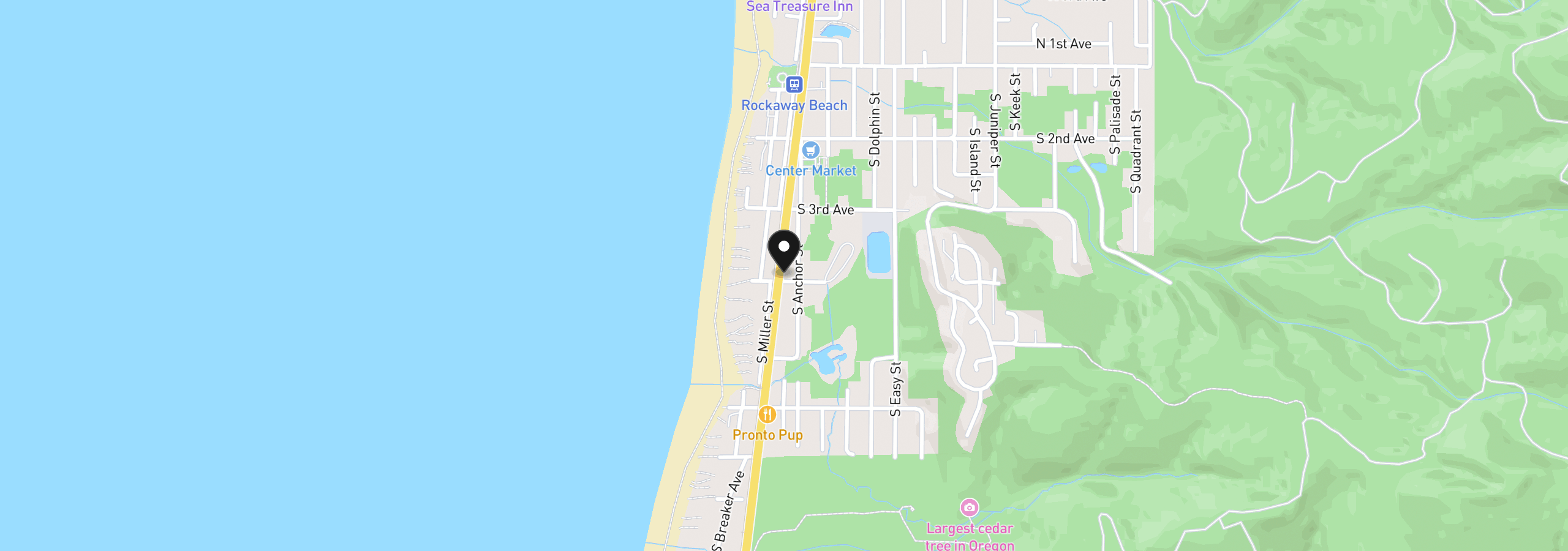 Map showing the location of 101 S 4th Ave, Rockaway Beach, OR 97136