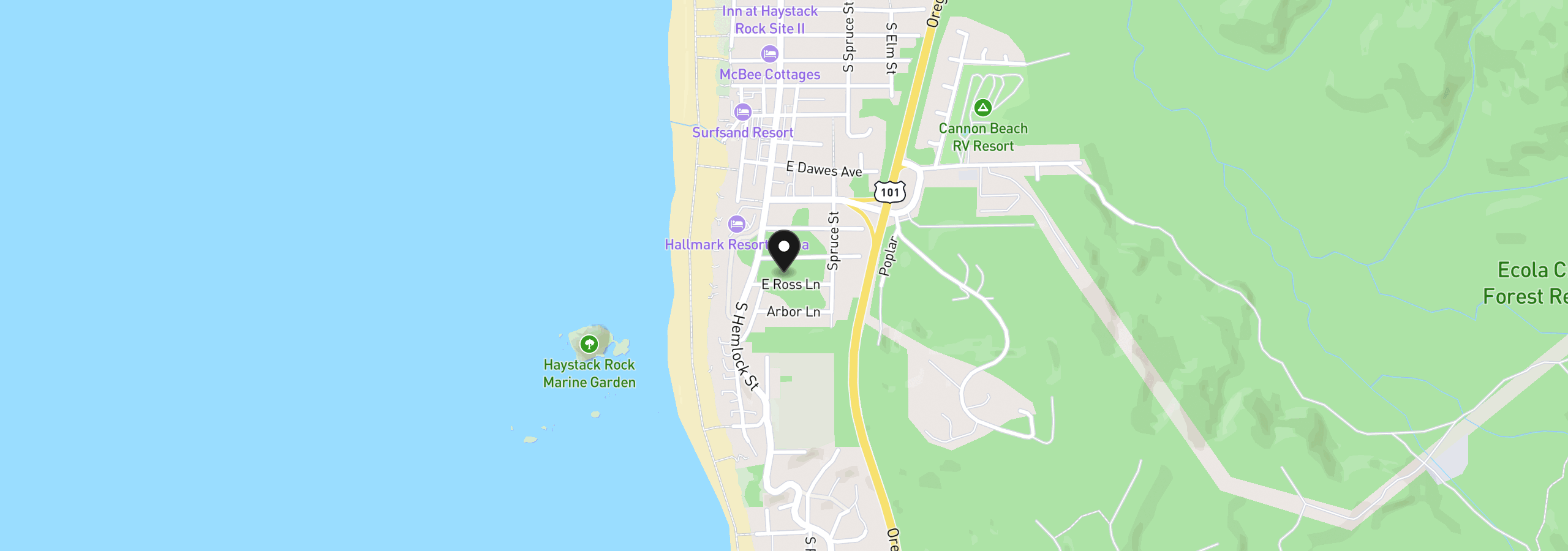 Map showing the location of 132 Ross Ln, Cannon Beach, OR 97110