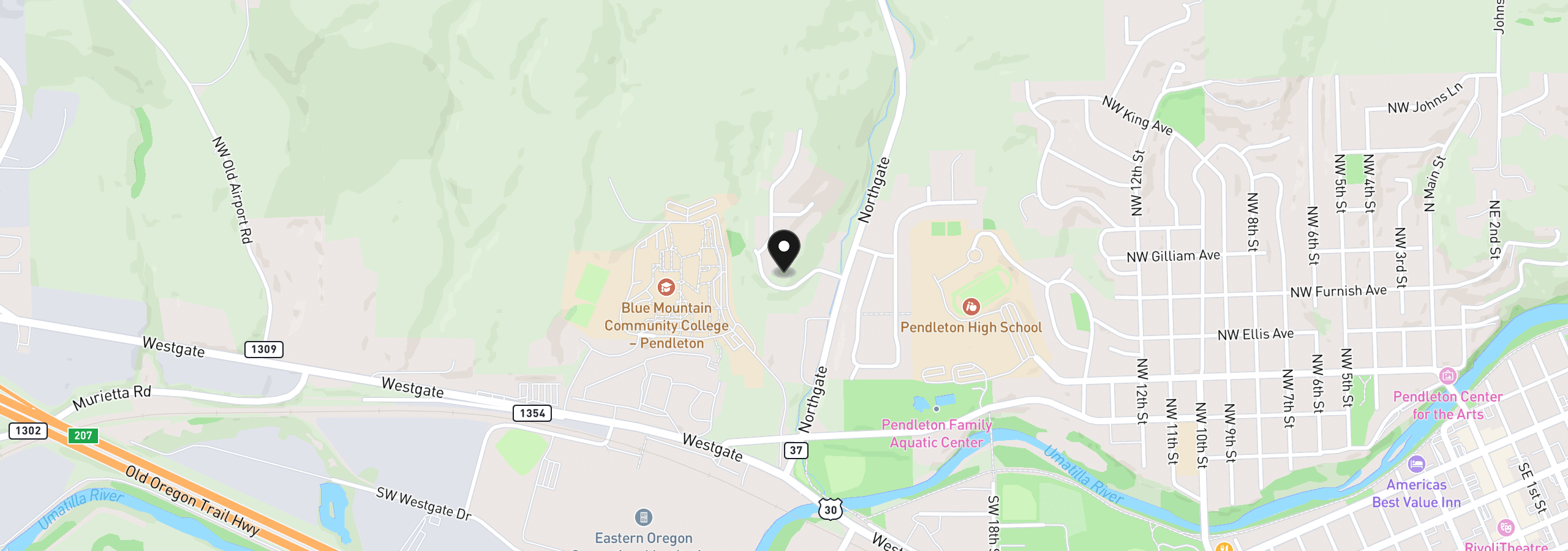 Map showing the location of 2262 NW Horn Pl, Pendleton, OR 97801