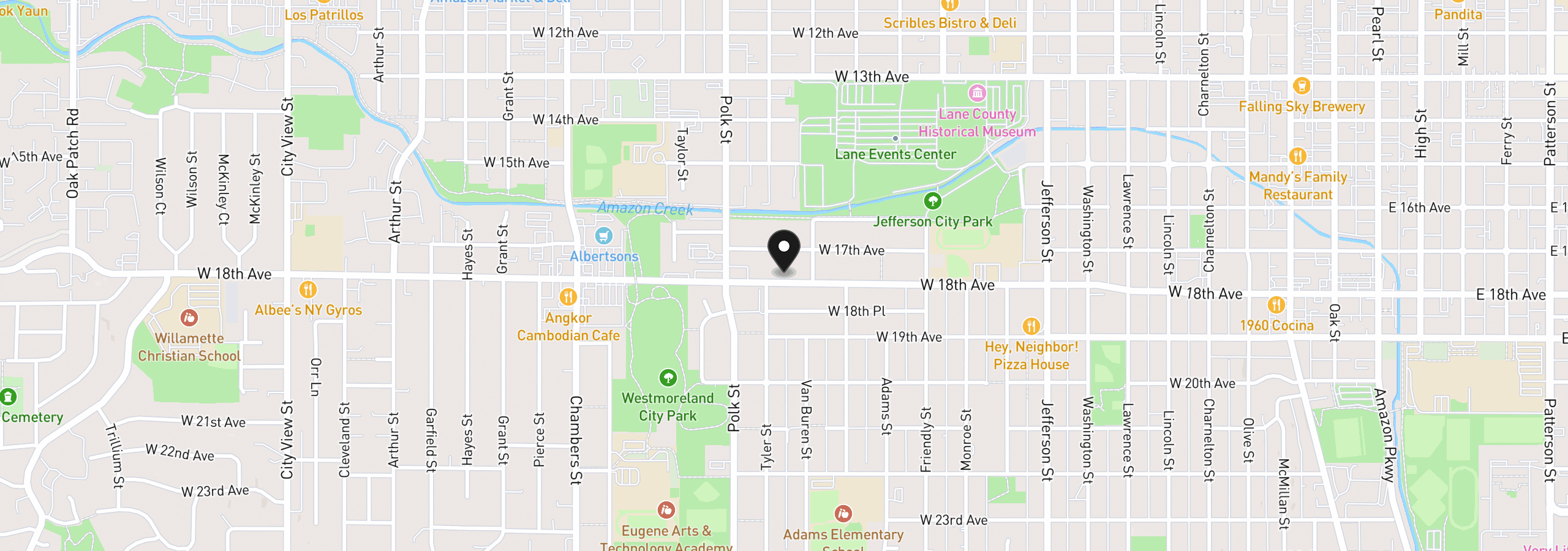 Map showing the location of 1161 W 18th Ave, Eugene, OR 97402