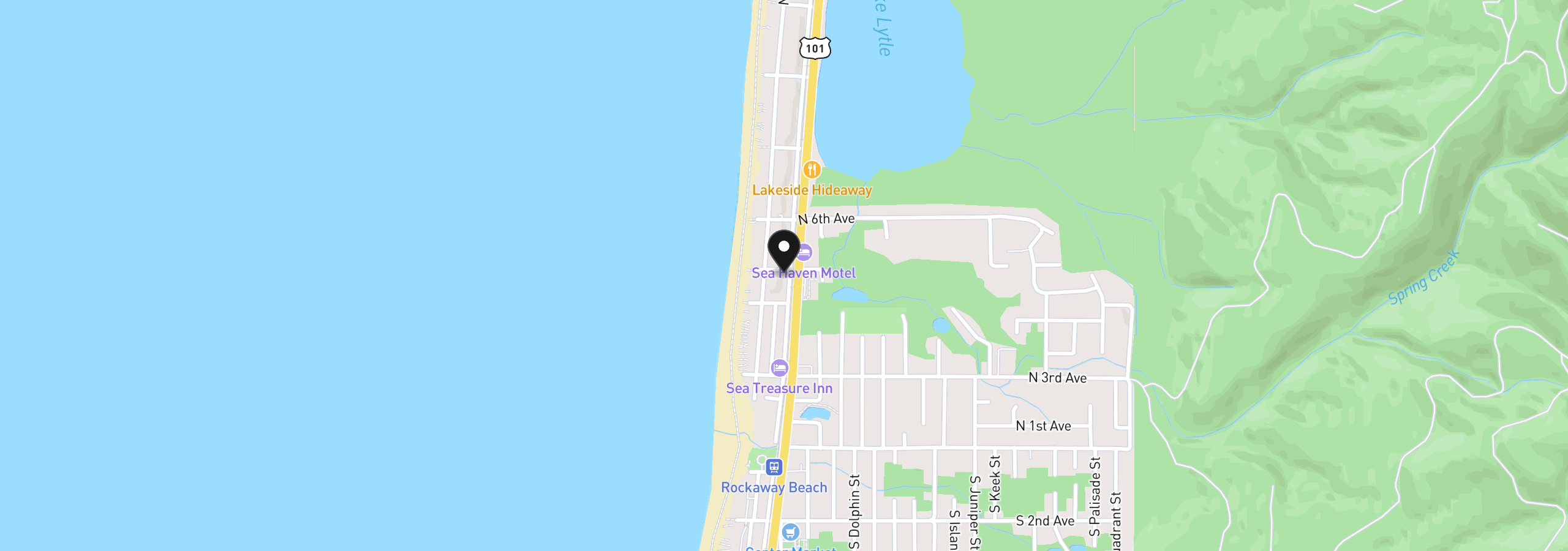 Map showing the location of 439 N Miller St, Rockaway Beach, OR 97136