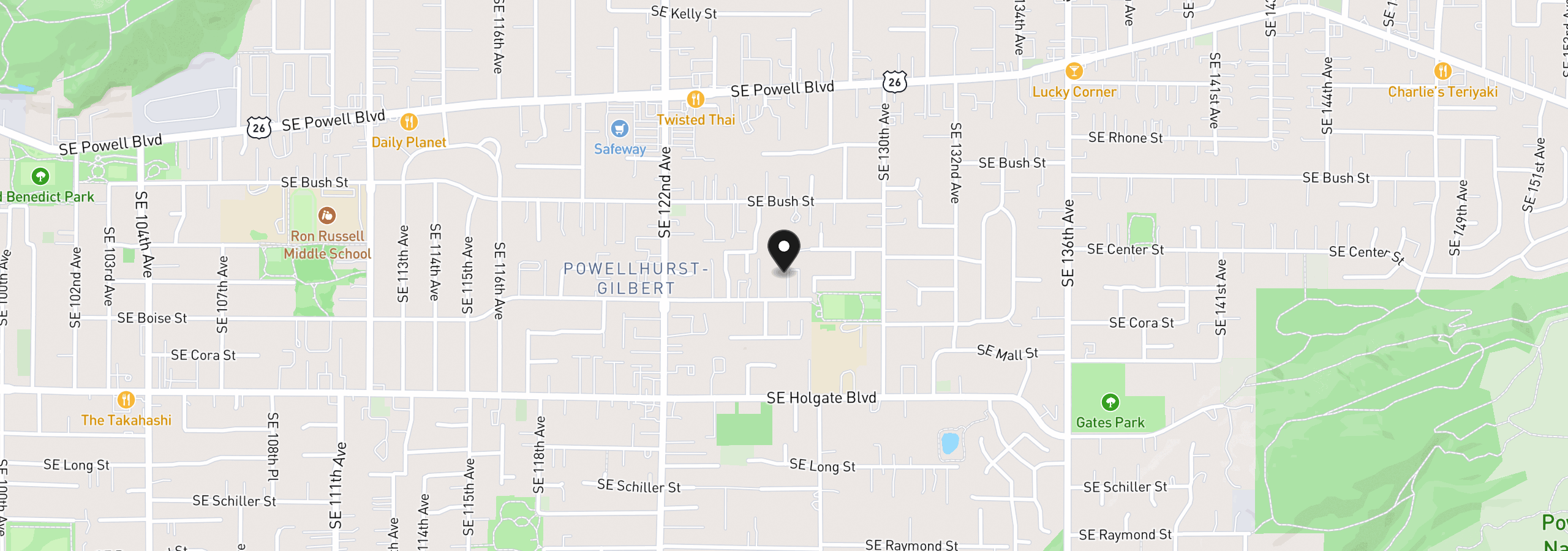 Map showing the location of 12633 SE Boise St, Portland, OR 97236
