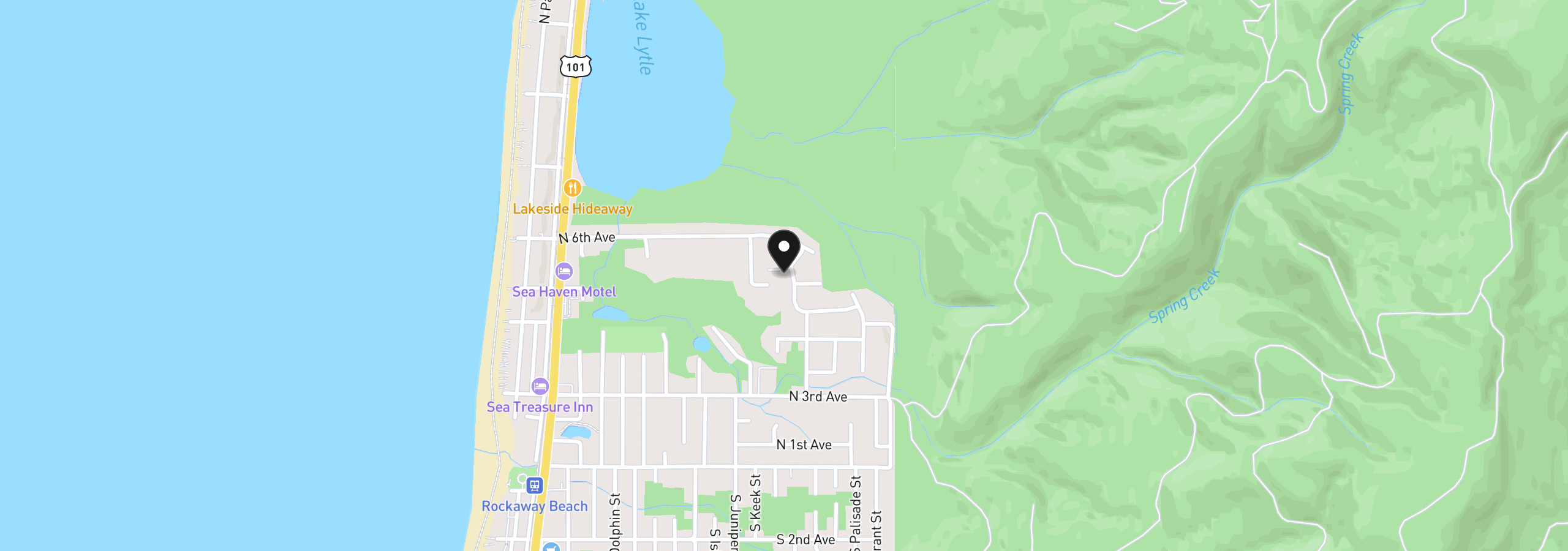 Map showing the location of 485 Cedar Creek Cir, Rockaway Beach, OR 97136