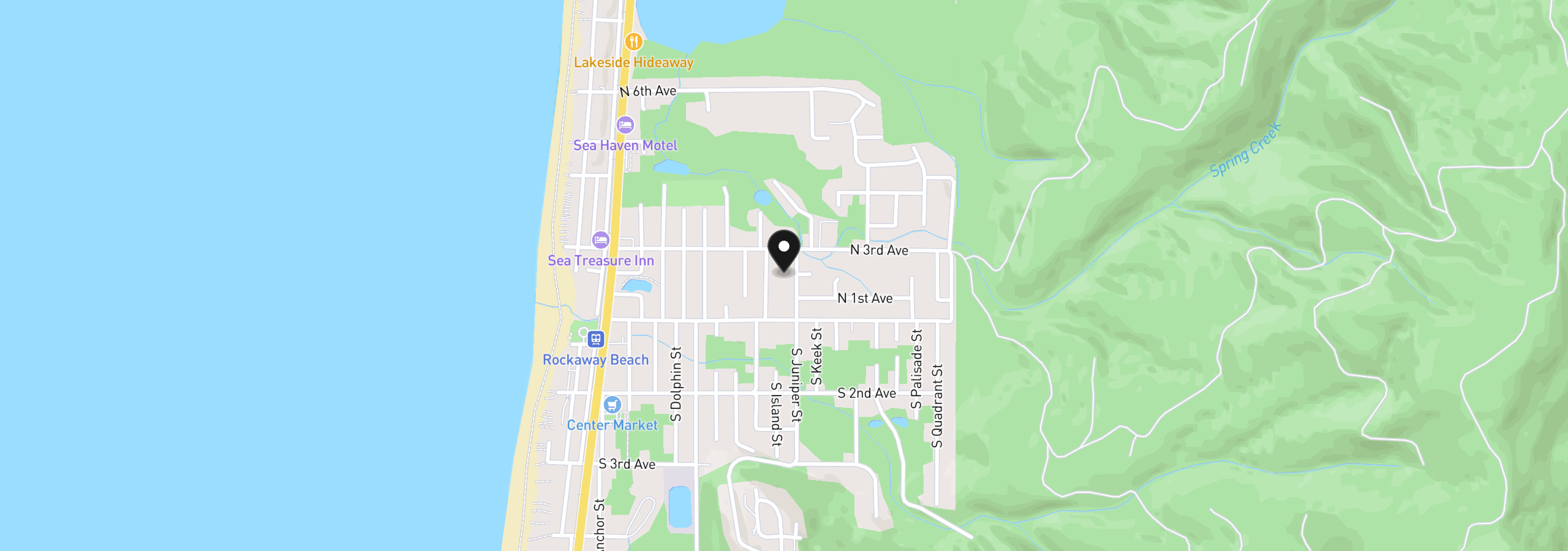 Map showing the location of 223 N Juniper St, Rockaway Beach, OR 97136