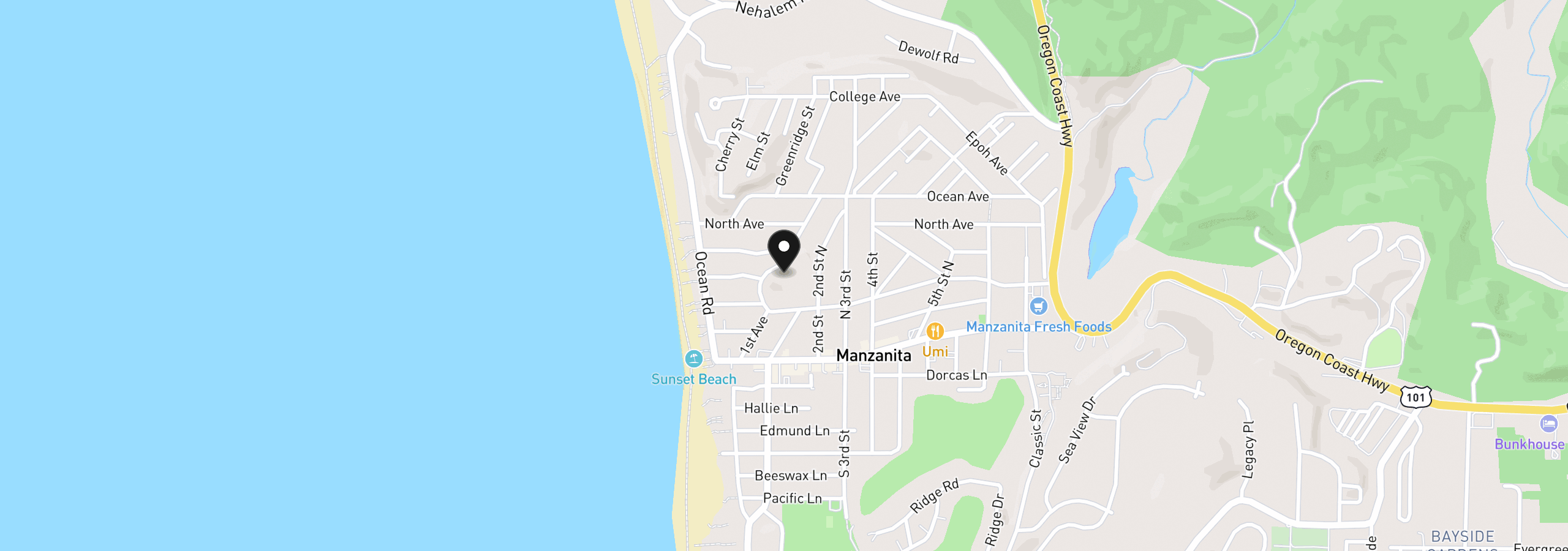 Map showing the location of 386 First St, Manzanita, OR 97130