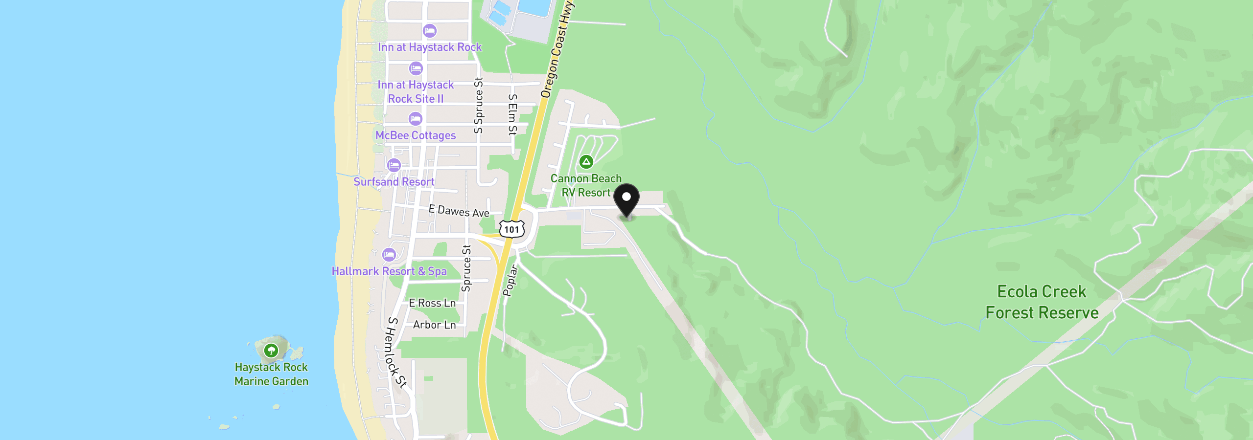 Map showing the location of 1340 Cascara Ln, Cannon Beach, OR 97110