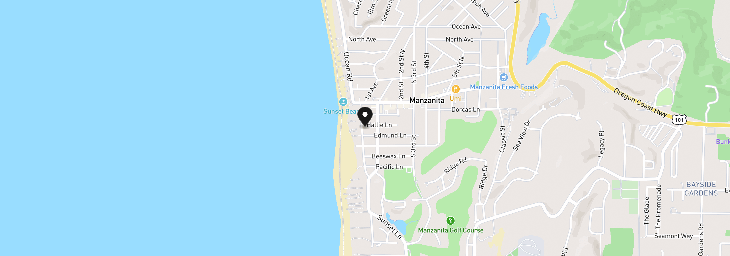 Map showing the location of 10 Hallie Ln, Manzanita, OR 97130