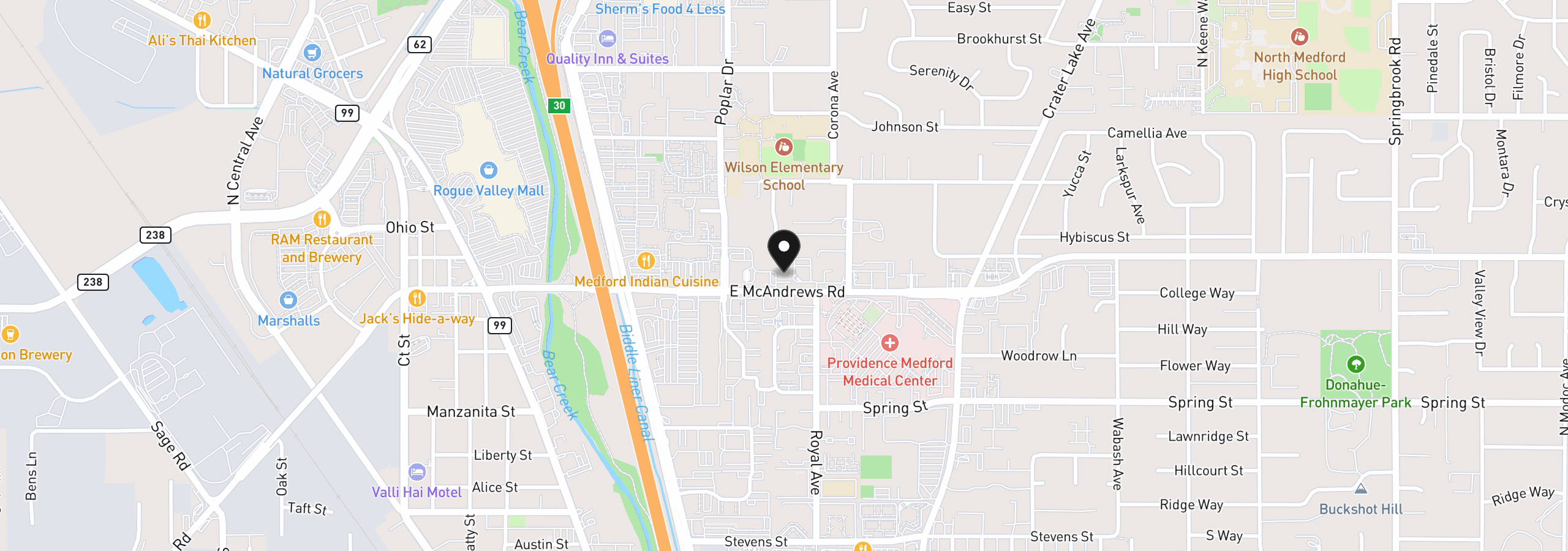 Map showing the location of 1411 E McAndrews Rd, Medford, OR 97504