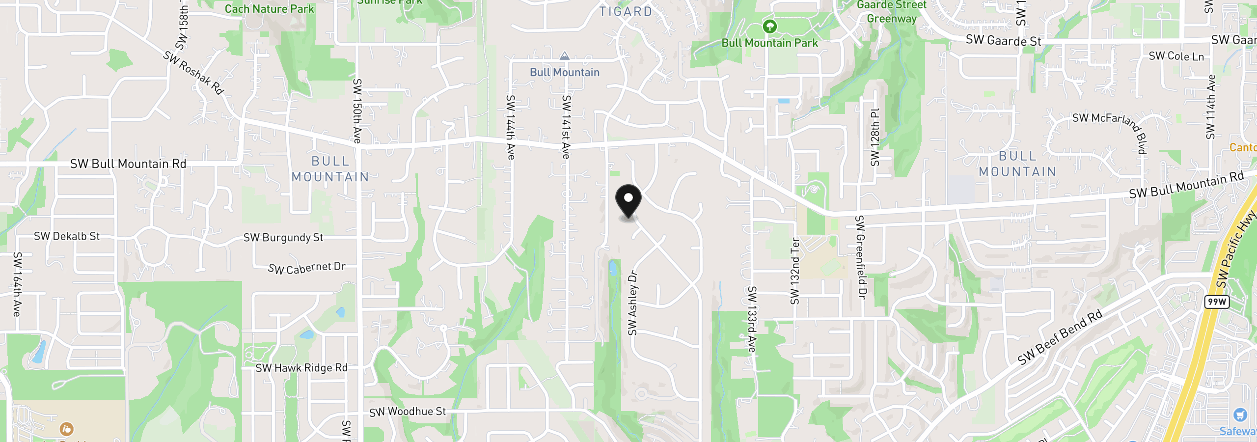 Map showing the location of 14735 SW Peachtree Dr, Tigard, OR 97224