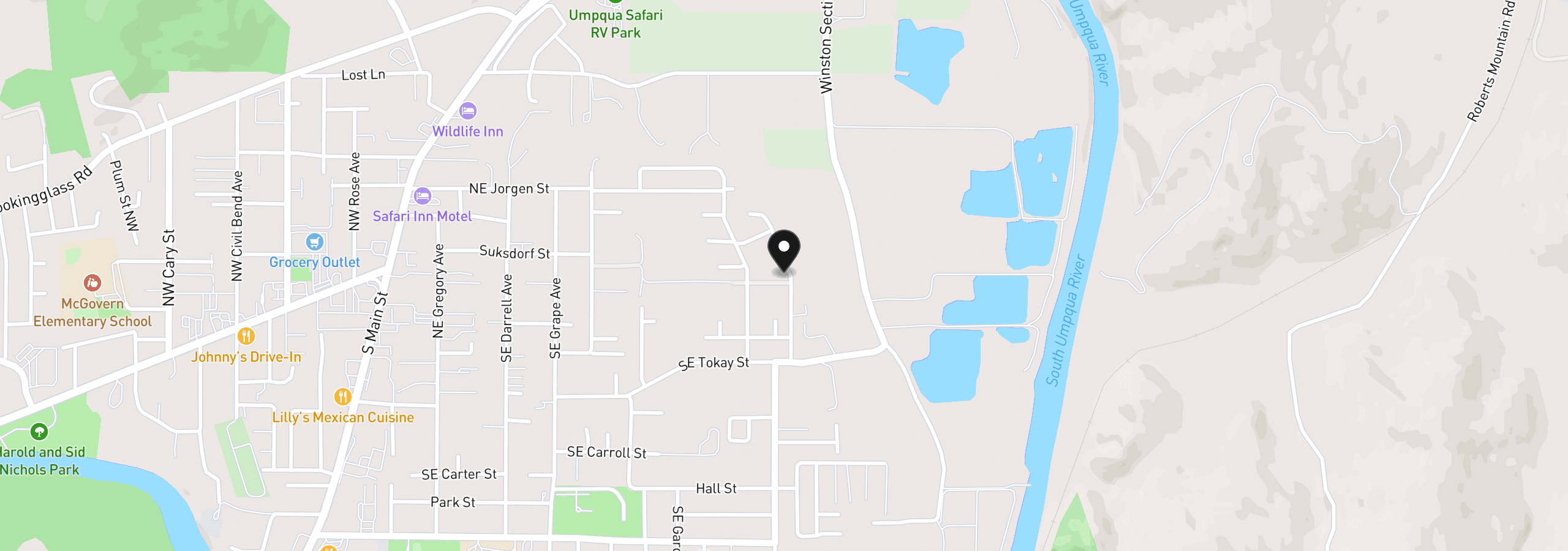 Map showing the location of 106 SE Lebleu Ln, Winston, OR 97496