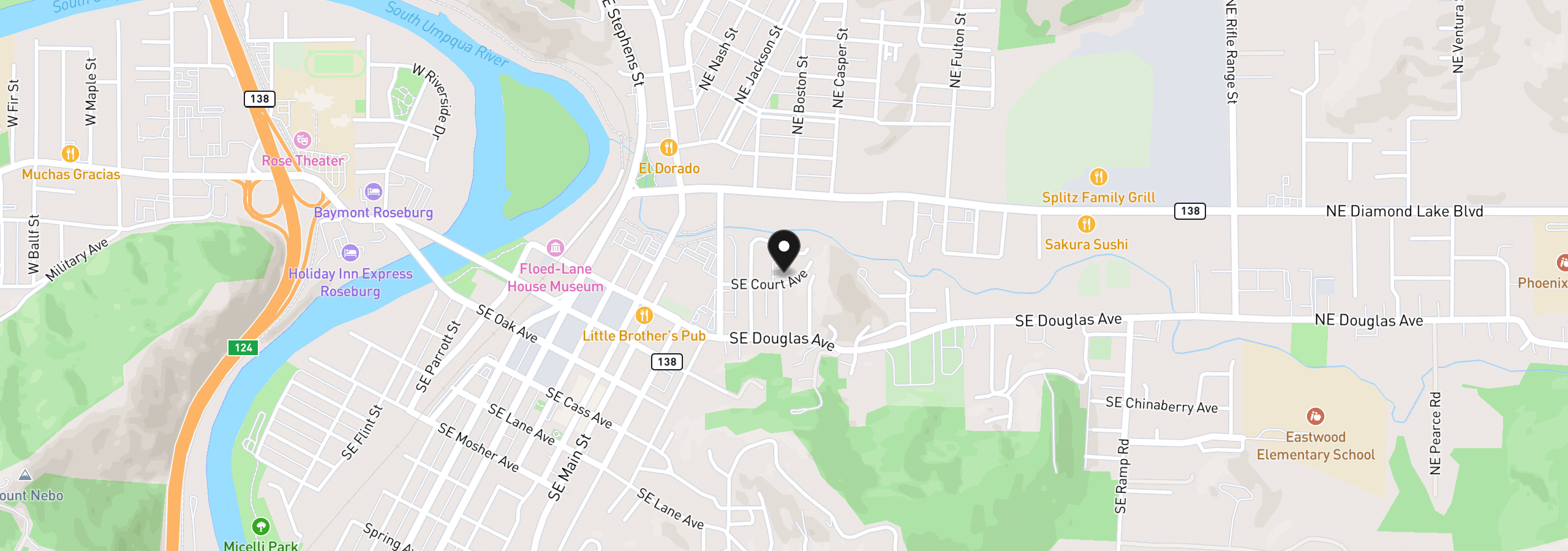 Map showing the location of 1402 SE Court Ave, Roseburg, OR 97470