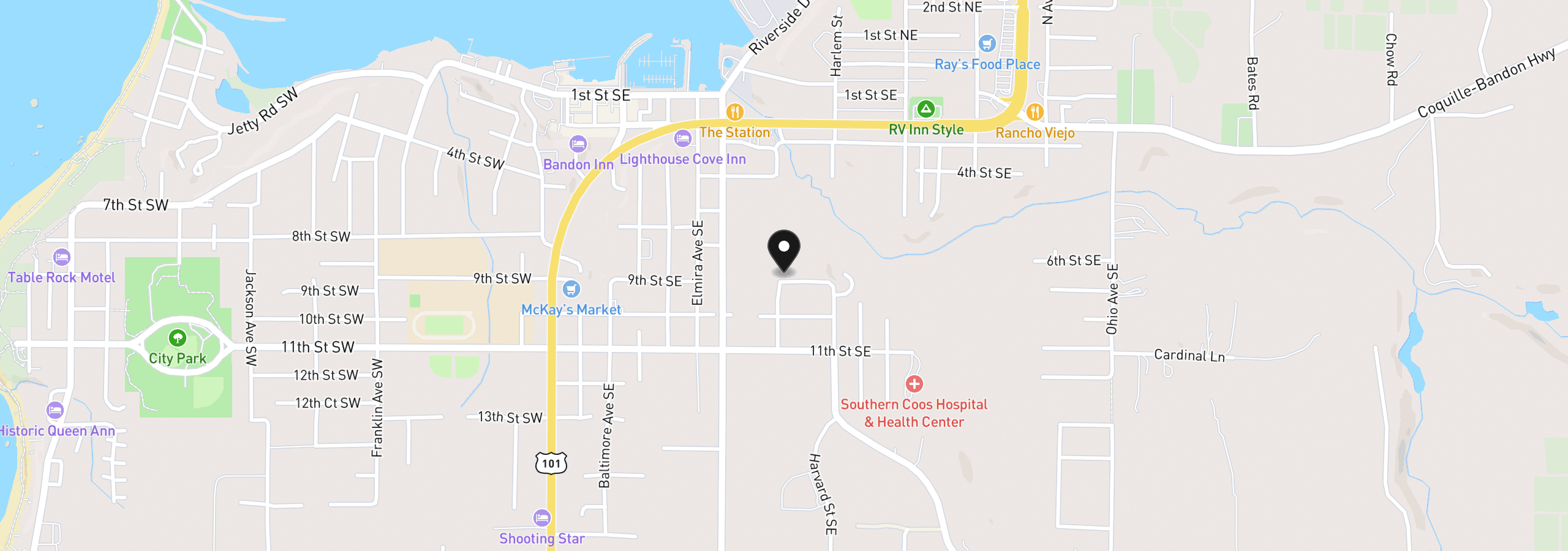 Map showing the location of 715 9th St SE, Bandon, OR 97411