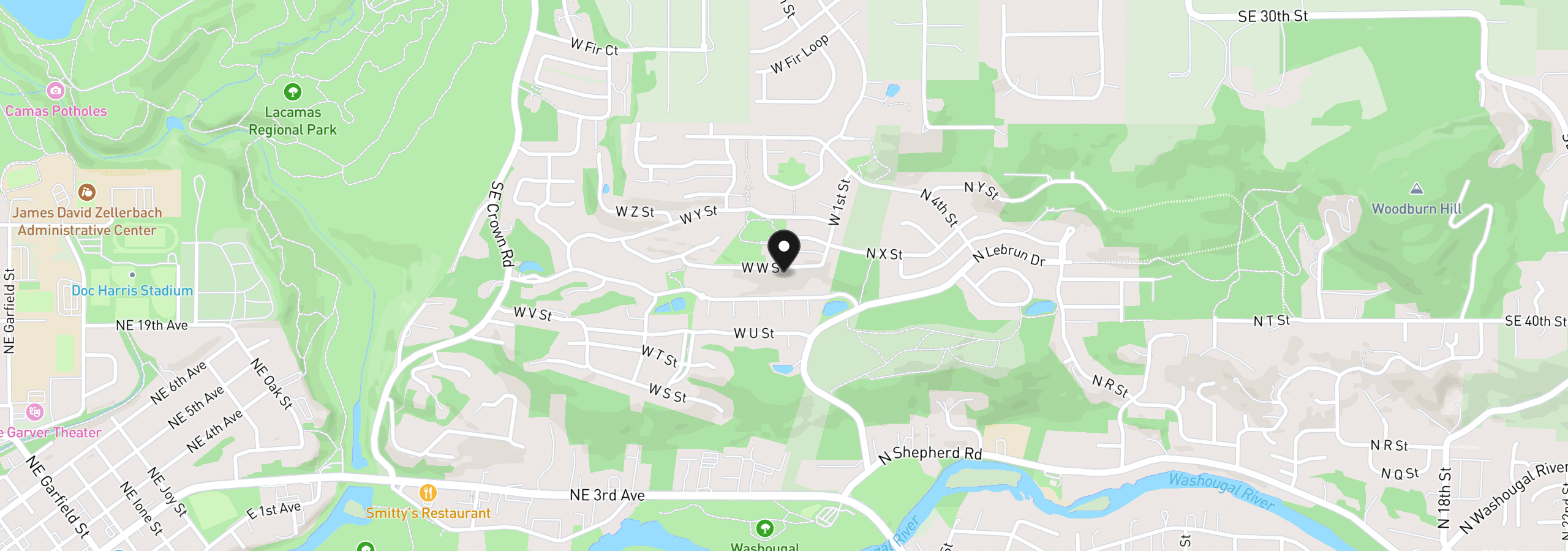 Map showing the location of 356 W W St, Washougal, Wa 98671