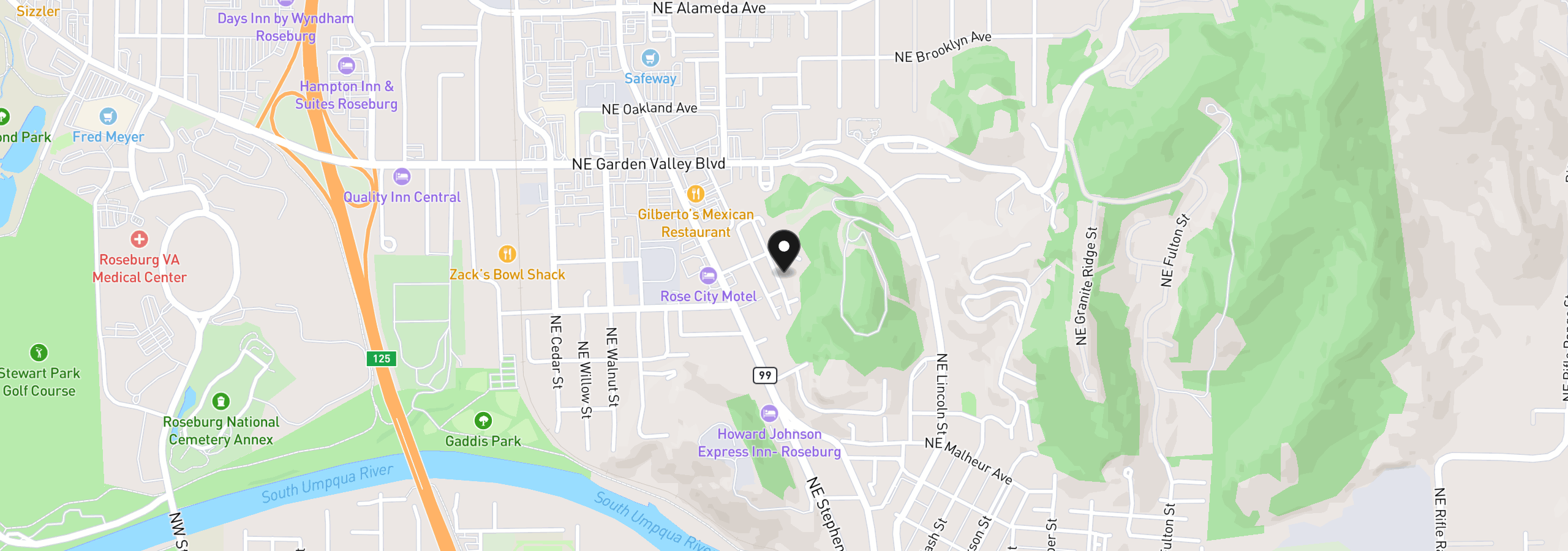 Map showing the location of 1119 NE Crescent Aly, Roseburg, OR 97470