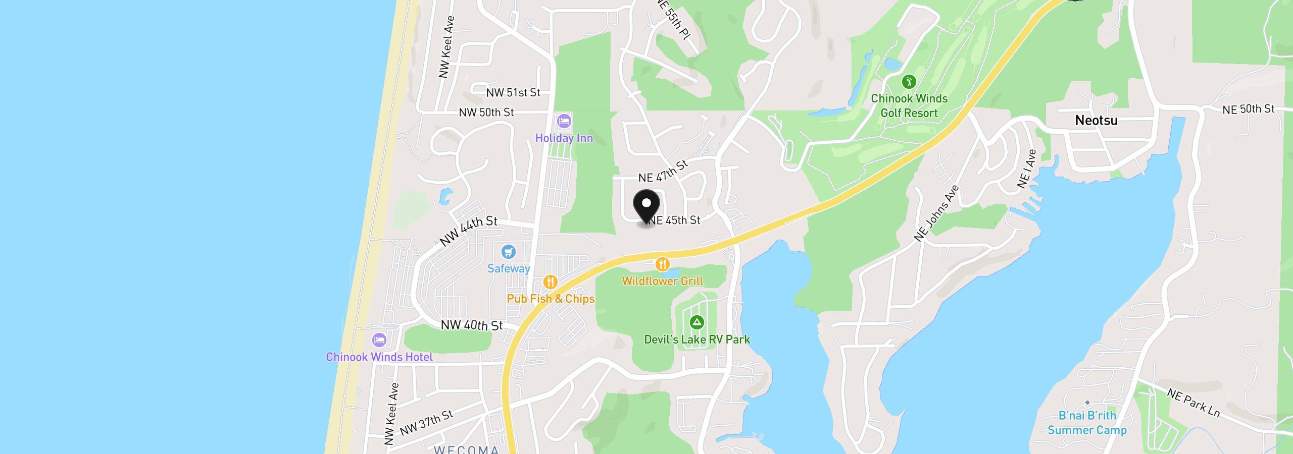 Map showing the location of 2630 NE 45th St, Lincoln City, OR 97367