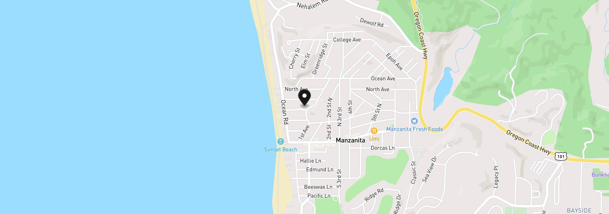 Map showing the location of 93 Portland Ave, Manzanita, OR 97130