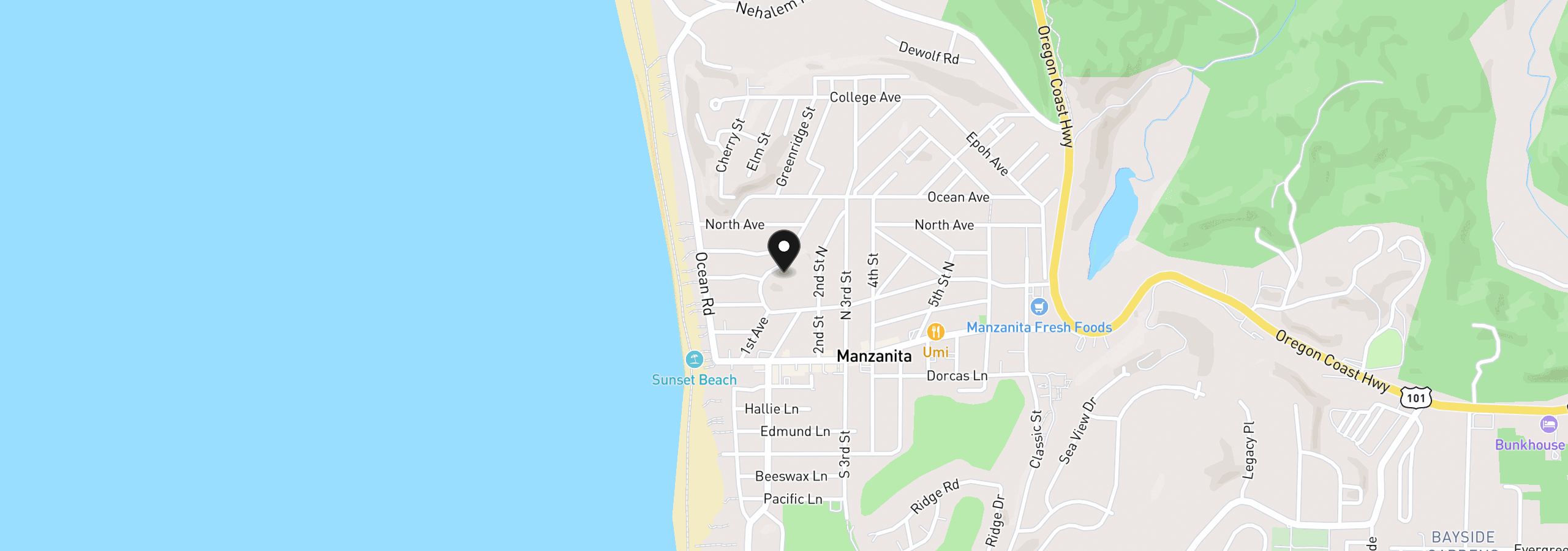 Map showing the location of 388 First St, Manzanita, OR 97130