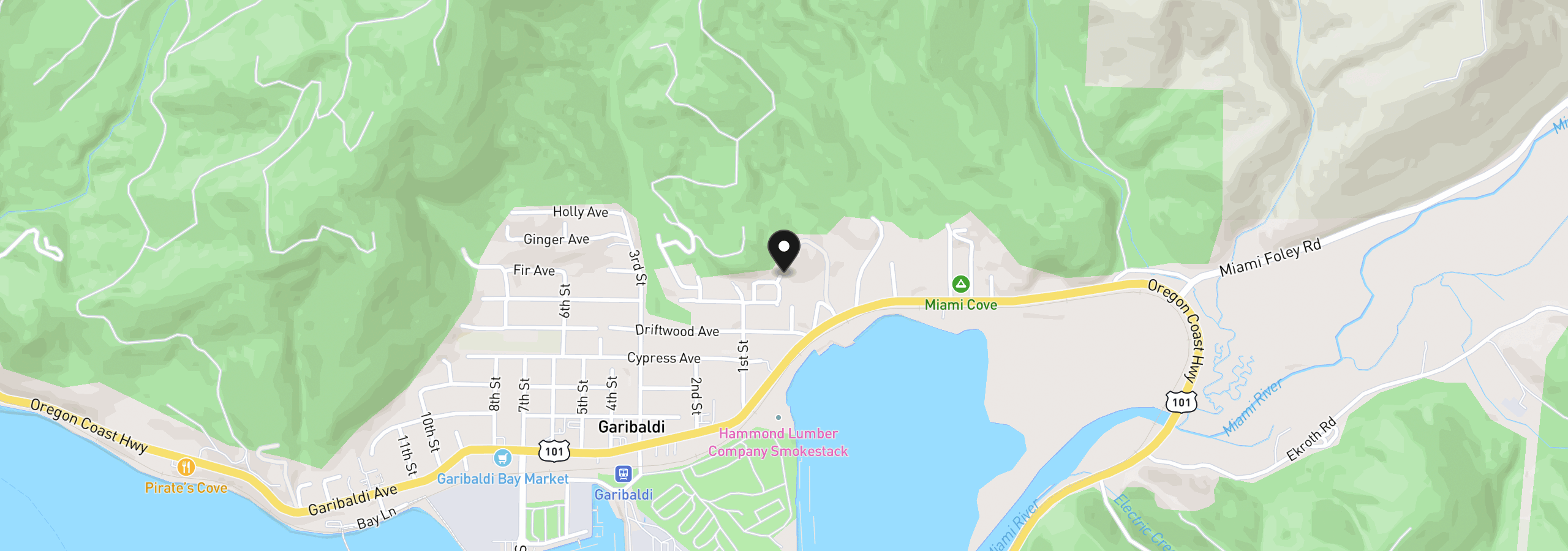 Map showing the location of 109 Biak Ave, Garibaldi, OR 97118