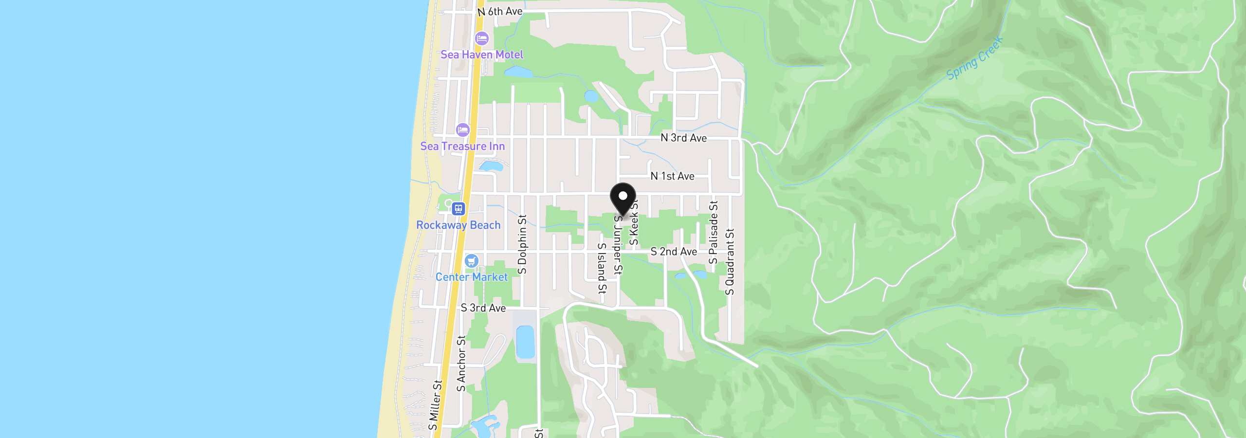 Map showing the location of 144 S Juniper St, Rockaway Beach, OR 97136