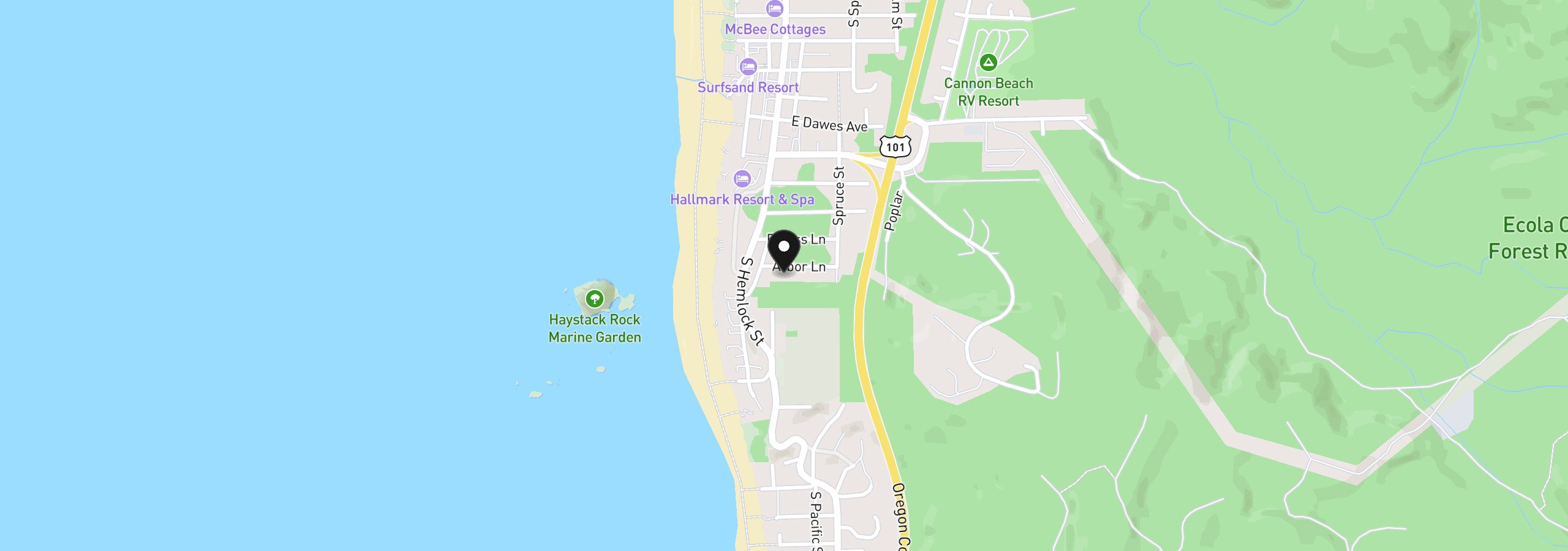 Map showing the location of 123 Arbor Ln, Cannon Beach, OR 97110