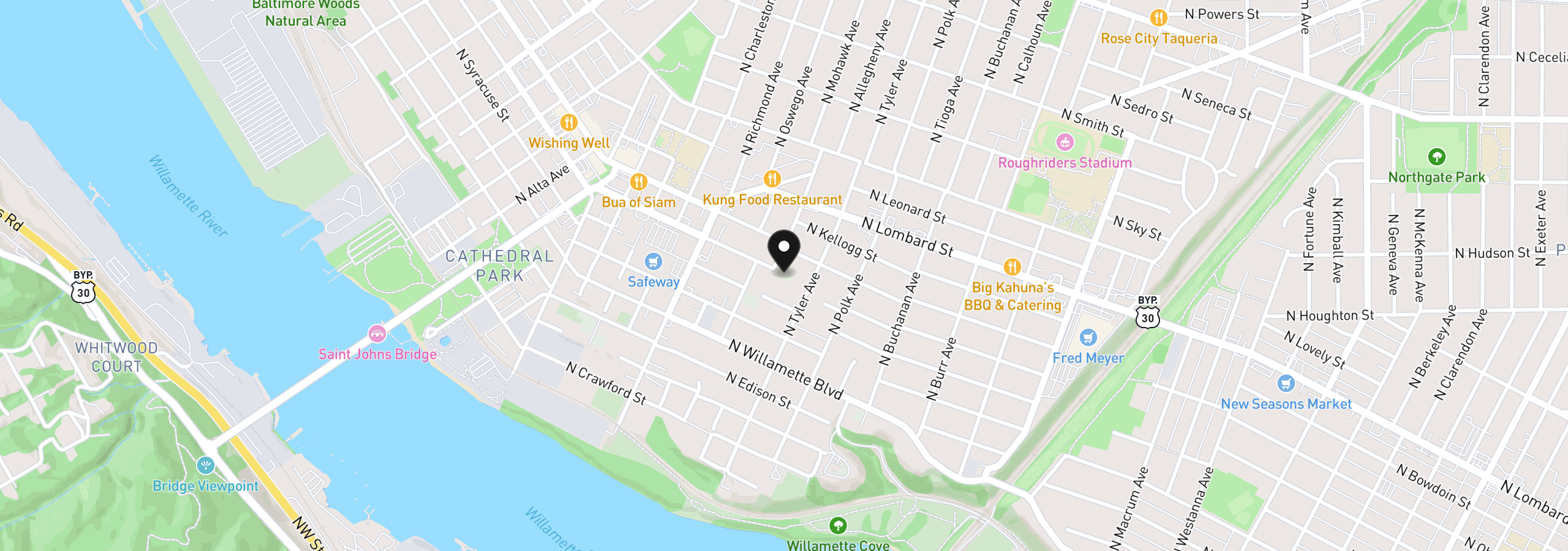 Map showing the location of 7298 N Mohawk Ave, Portland, OR 97203