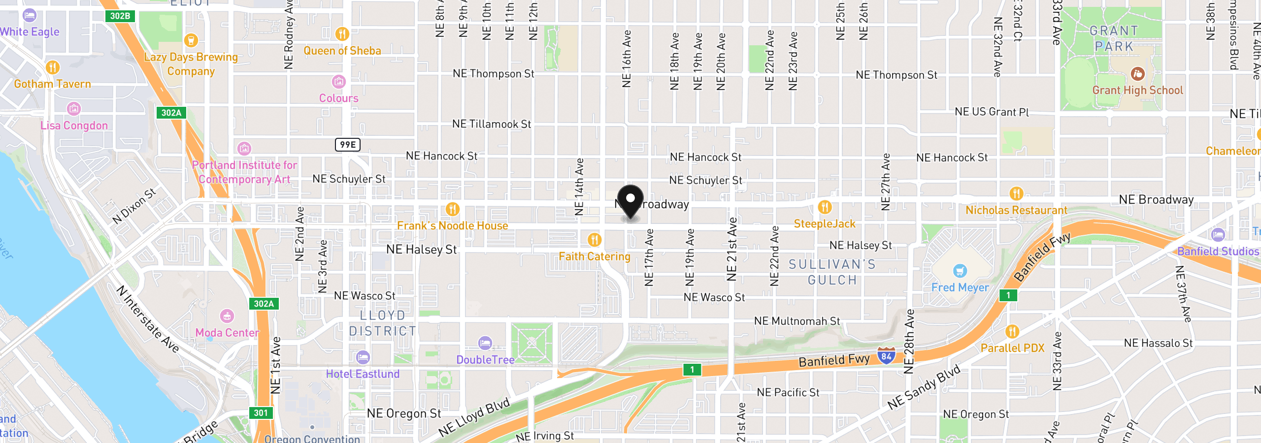 Map showing the location of 1620 NE Broadway St 222, Portland, OR 97232