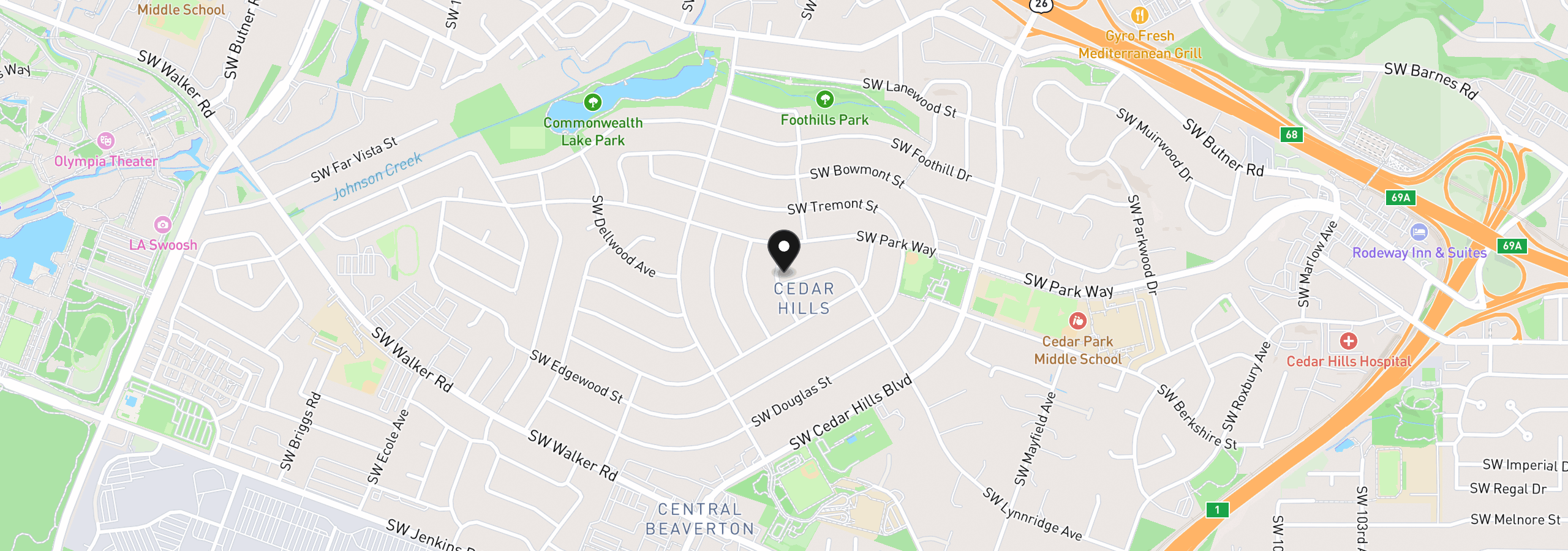 Map showing the location of 1690 SW Hicrest Ave, Portland, OR 97225