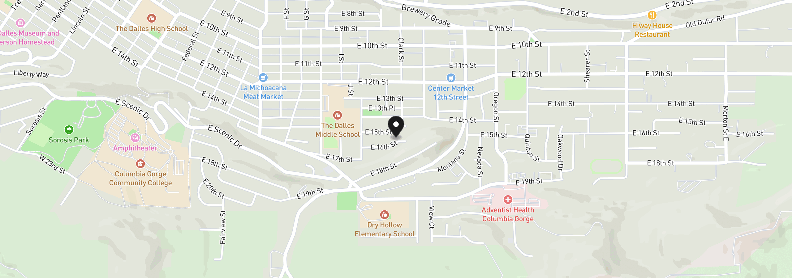 Map showing the location of 1413 E 16th St, The Dalles, OR 97058
