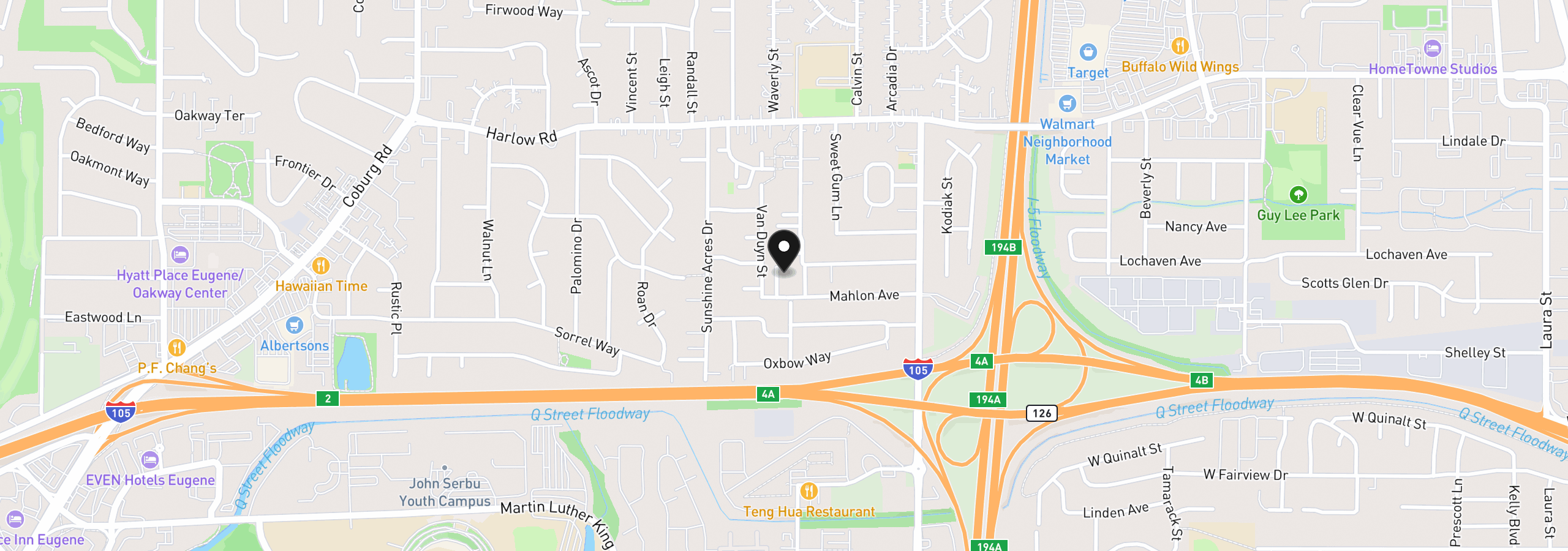 Map showing the location of 3457 Mahlon Ave, Eugene, OR 97401