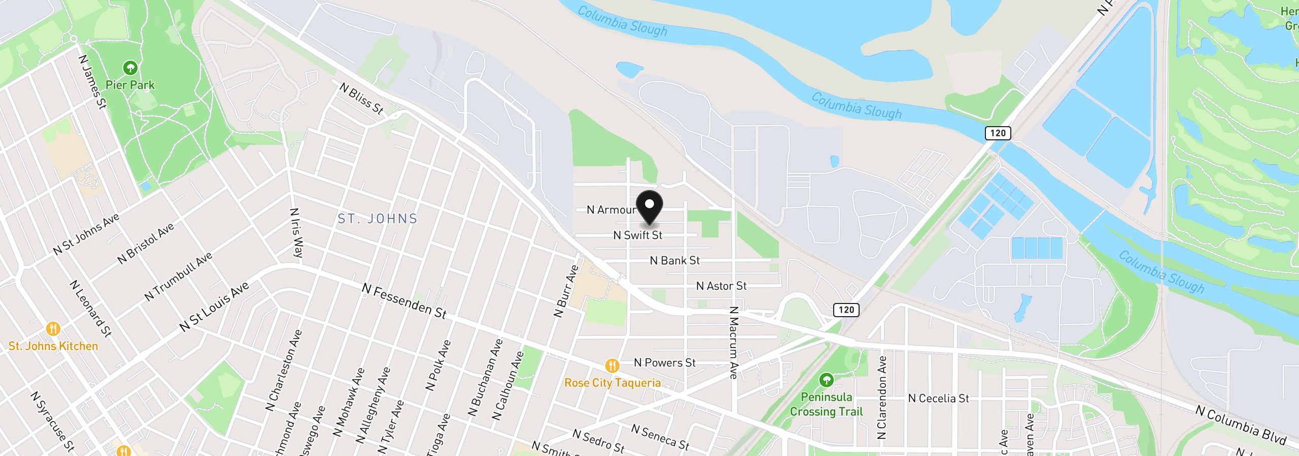 Map showing the location of 6921 N Swift St, Portland, OR 97203