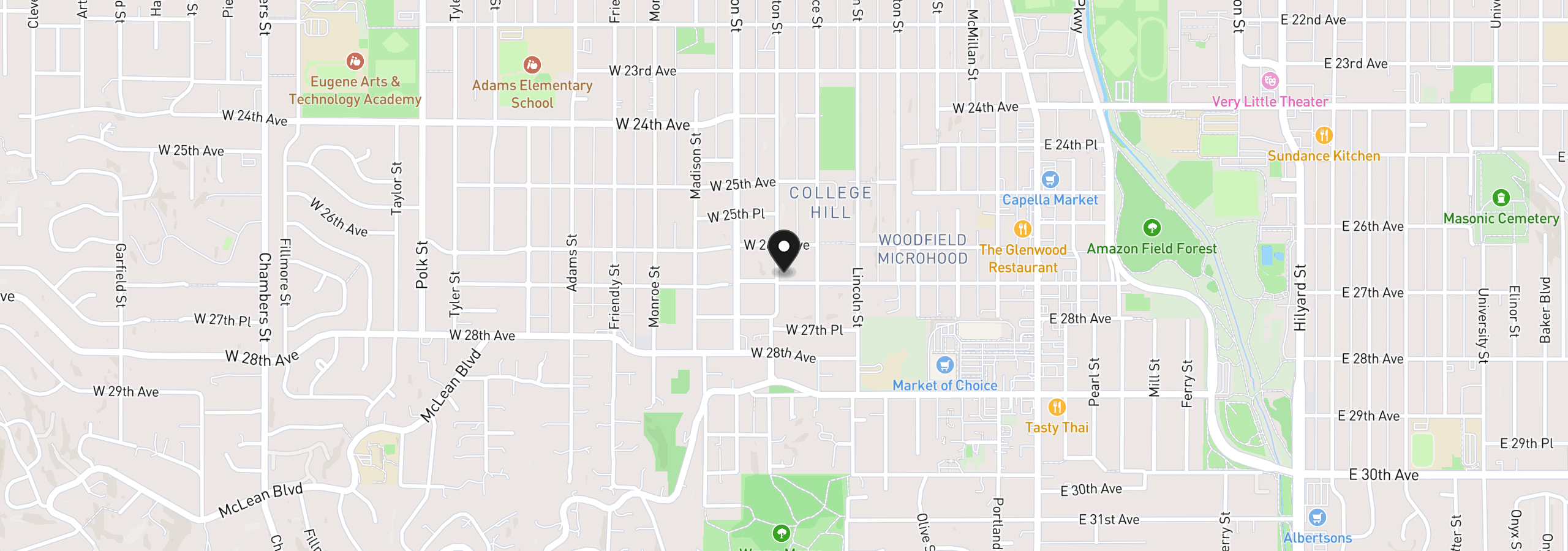 Map showing the location of 495 W 27th Ave, Eugene, OR 97405