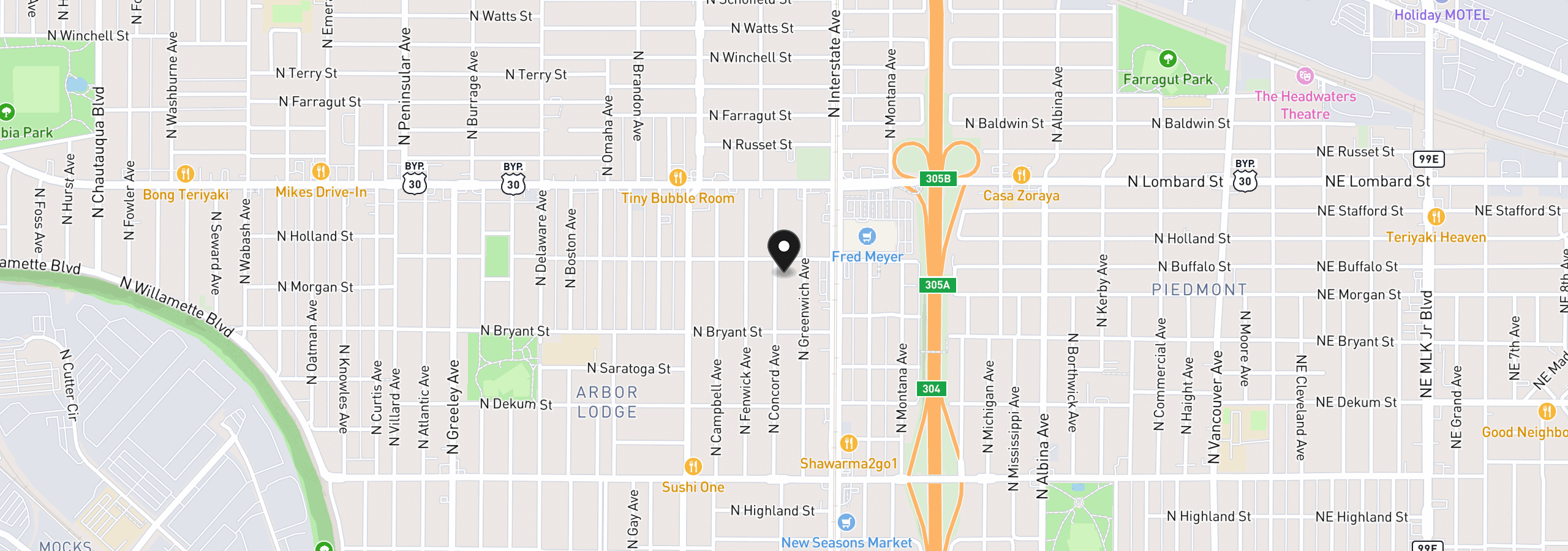 Map showing the location of 7132 N Concord Ave, Portland, OR 97217