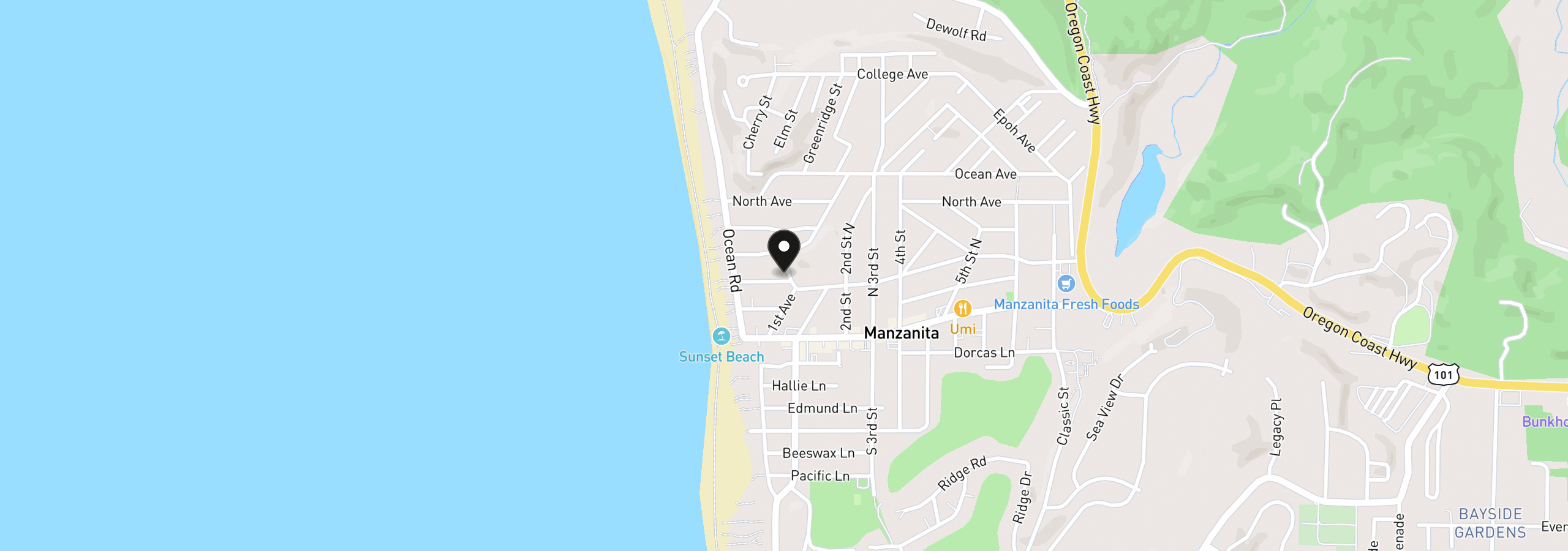 Map showing the location of 85 Manzanita Ave, Manzanita, OR 97130