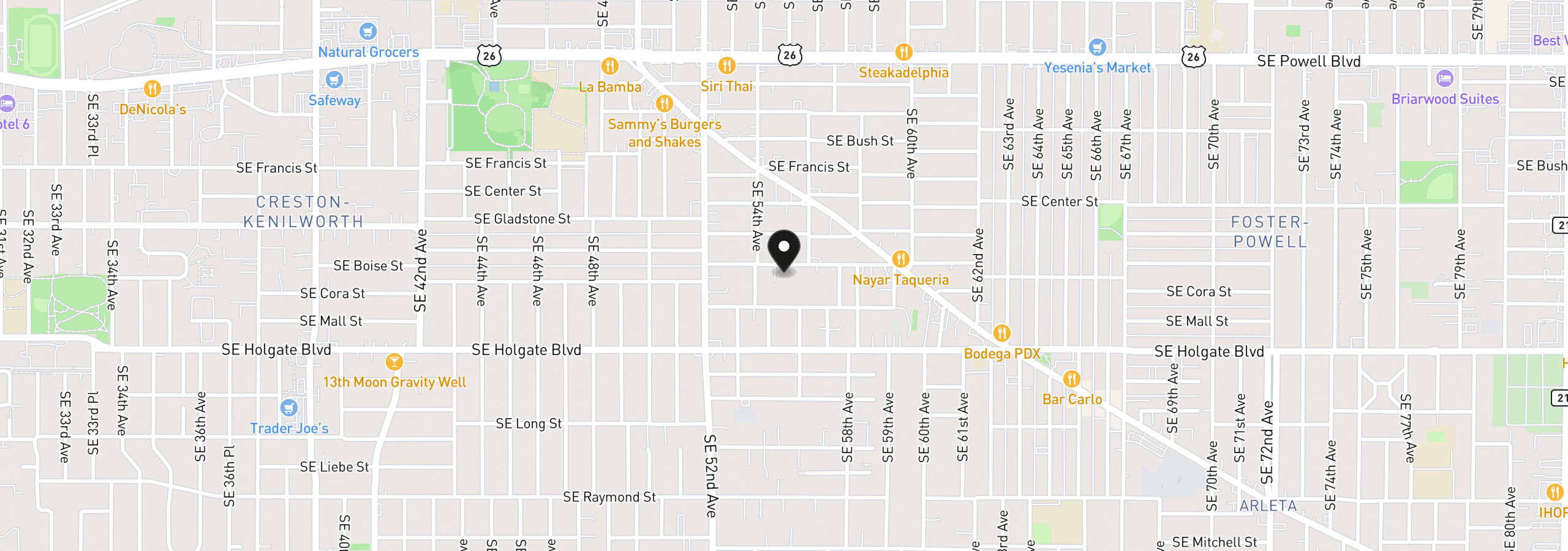 Map showing the location of 5484 SE Boise St, Portland, OR 97206