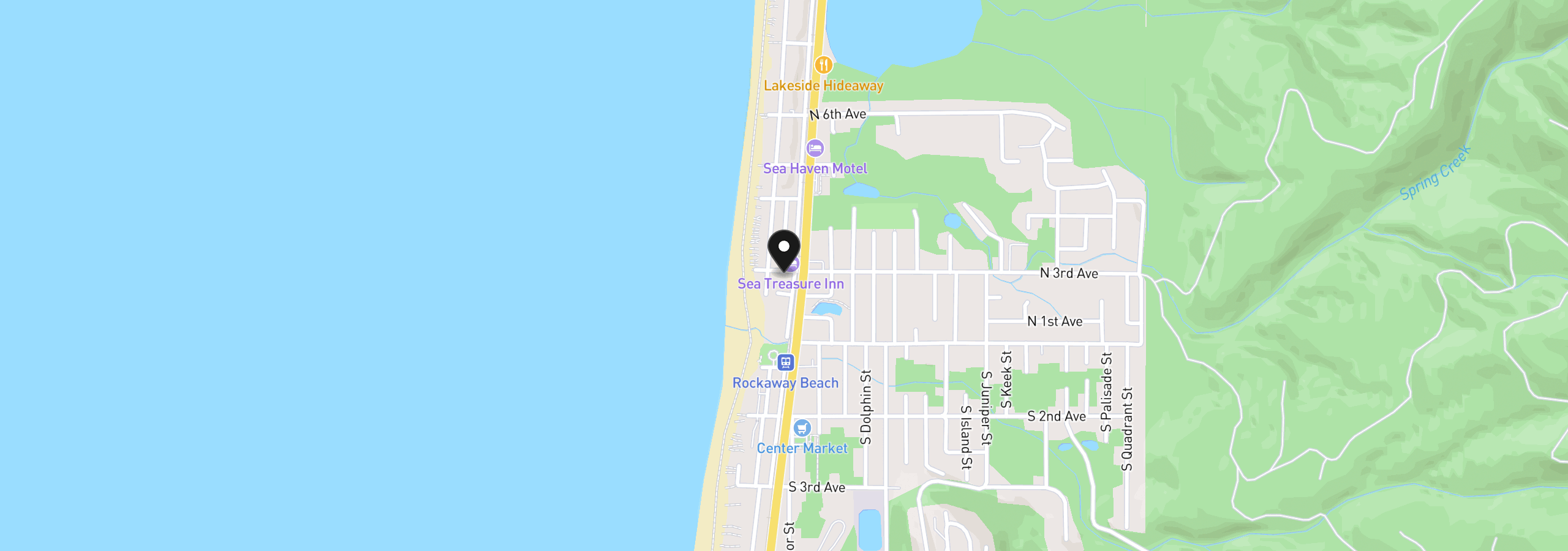 Map showing the location of 140 N 3rd Ave, Rockaway Beach, OR 97136