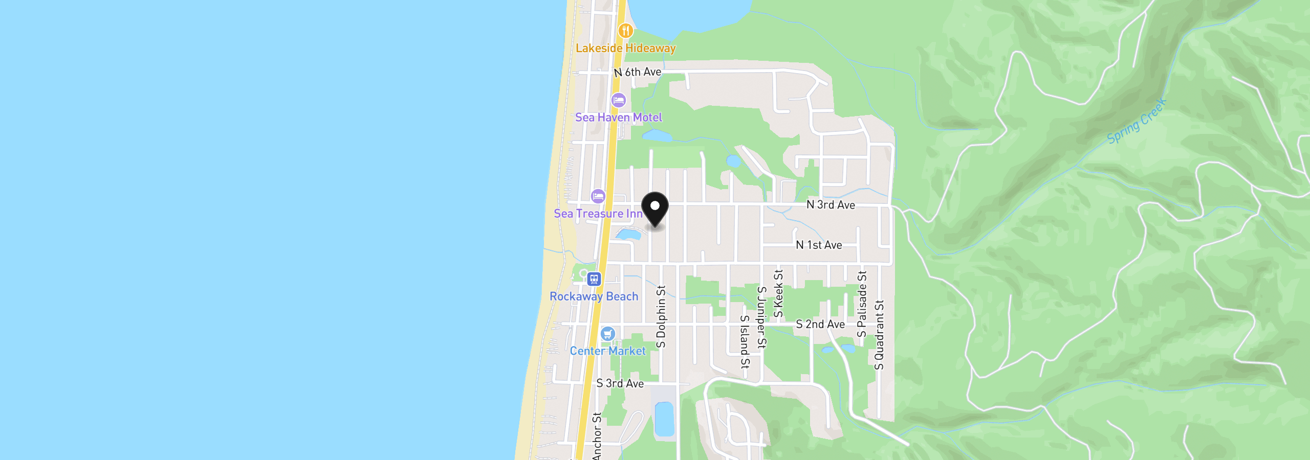 Map showing the location of 190 N Coral St, Rockaway Beach, OR 97136