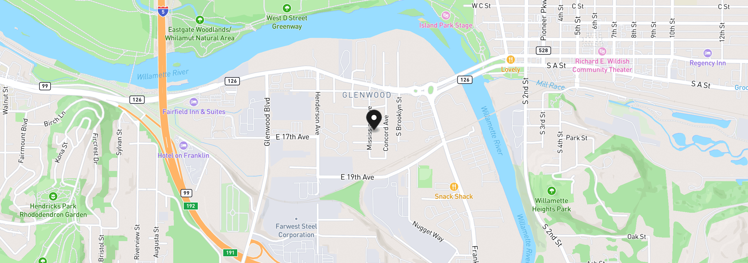 Map showing the location of 4017 E 16th Ave, Eugene, OR 97403